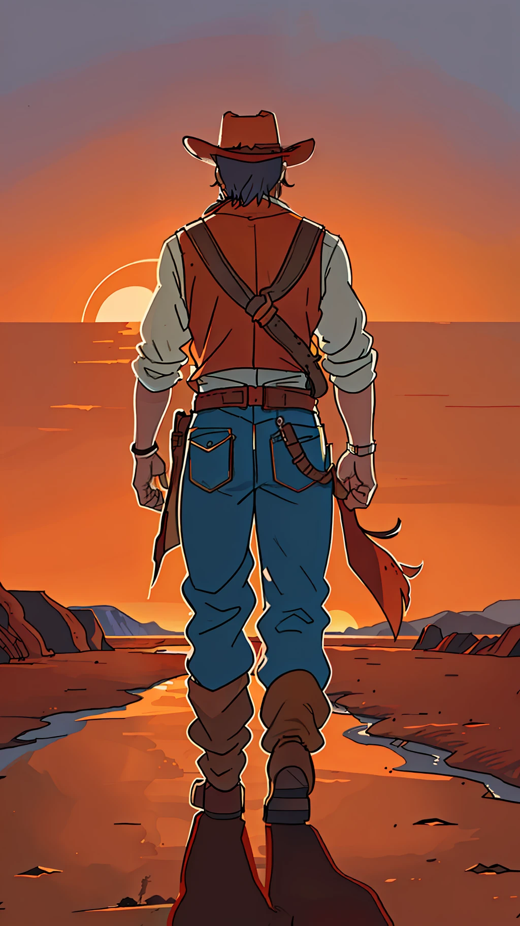 Wild West, four grown people with their backs to the horizon, a teenager with his back to the horizon, Red Dead Remdeption, orange sky, bloody hands