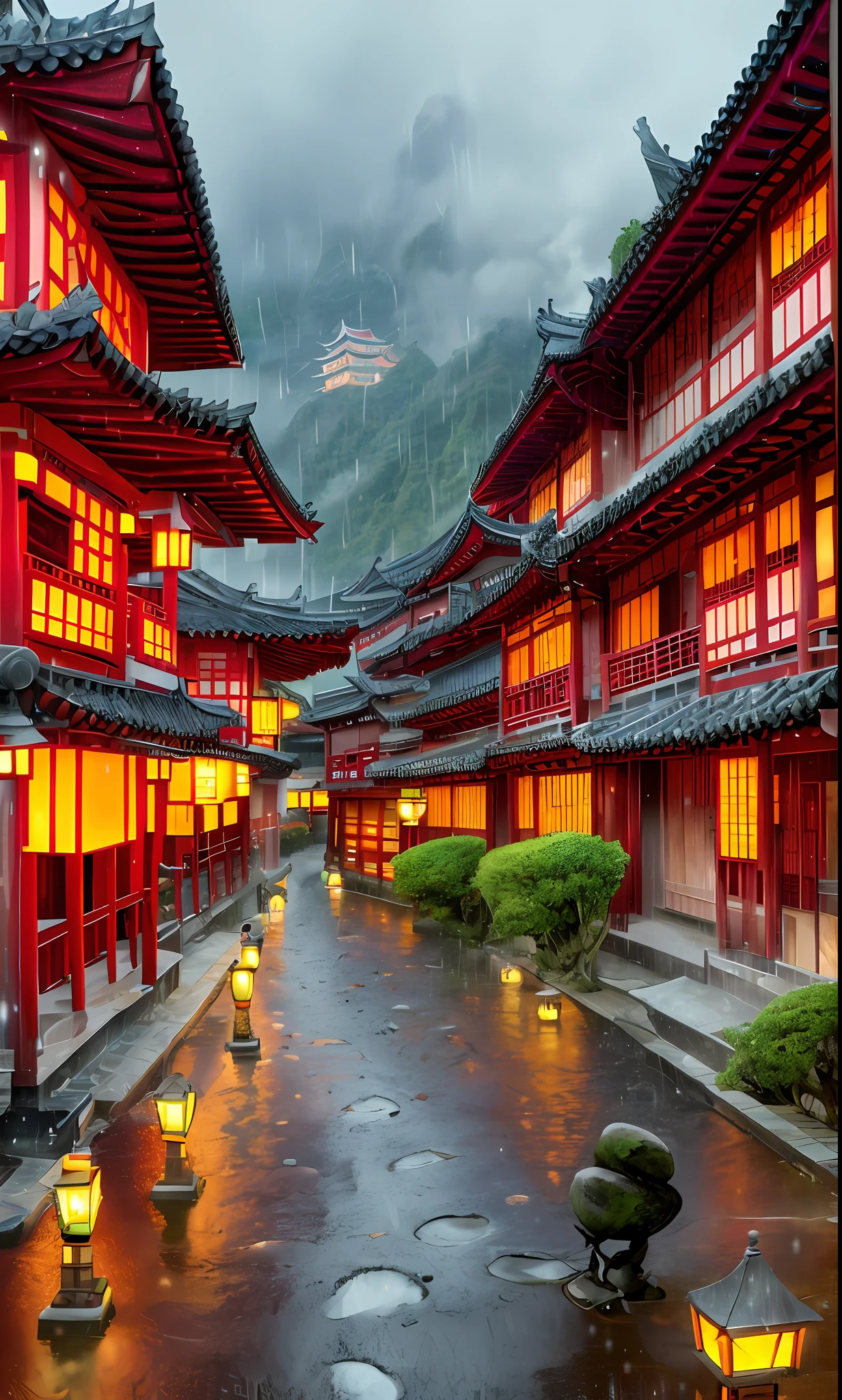 arafed view of a village with a lot of lights on the buildings, dreamy chinese town, chinese village, amazing wallpaper, japanese town, japanese village, hyper realistic photo of a town, old asian village, japanese city, by Raymond Han, rainy evening, cyberpunk chinese ancient castle, beautifully lit buildings, at evening during rain, beautiful and aesthetic, photography, cinematic, 8k, high detailed ((Heavy rain)))