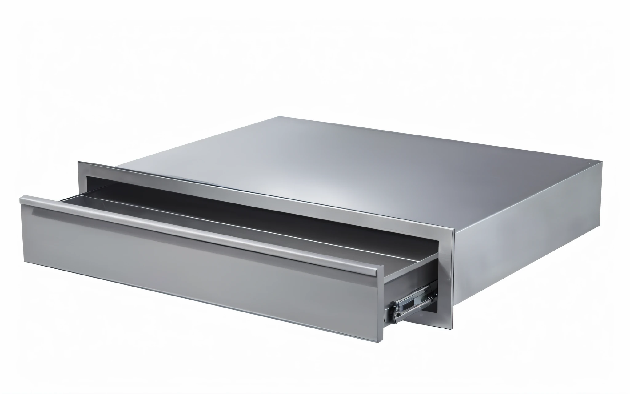 there is a drawer with a drawer open on a white background, made of brushed steel, aluminium, stainless steel, product photo, angle view, 4 0 0 mm, grey metal body, official product photo, detailed product photo, mesa, stainless steal, 300mm, 3 0 0 mm, award-winning”, close up angle, angled view, productphoto --auto --s2