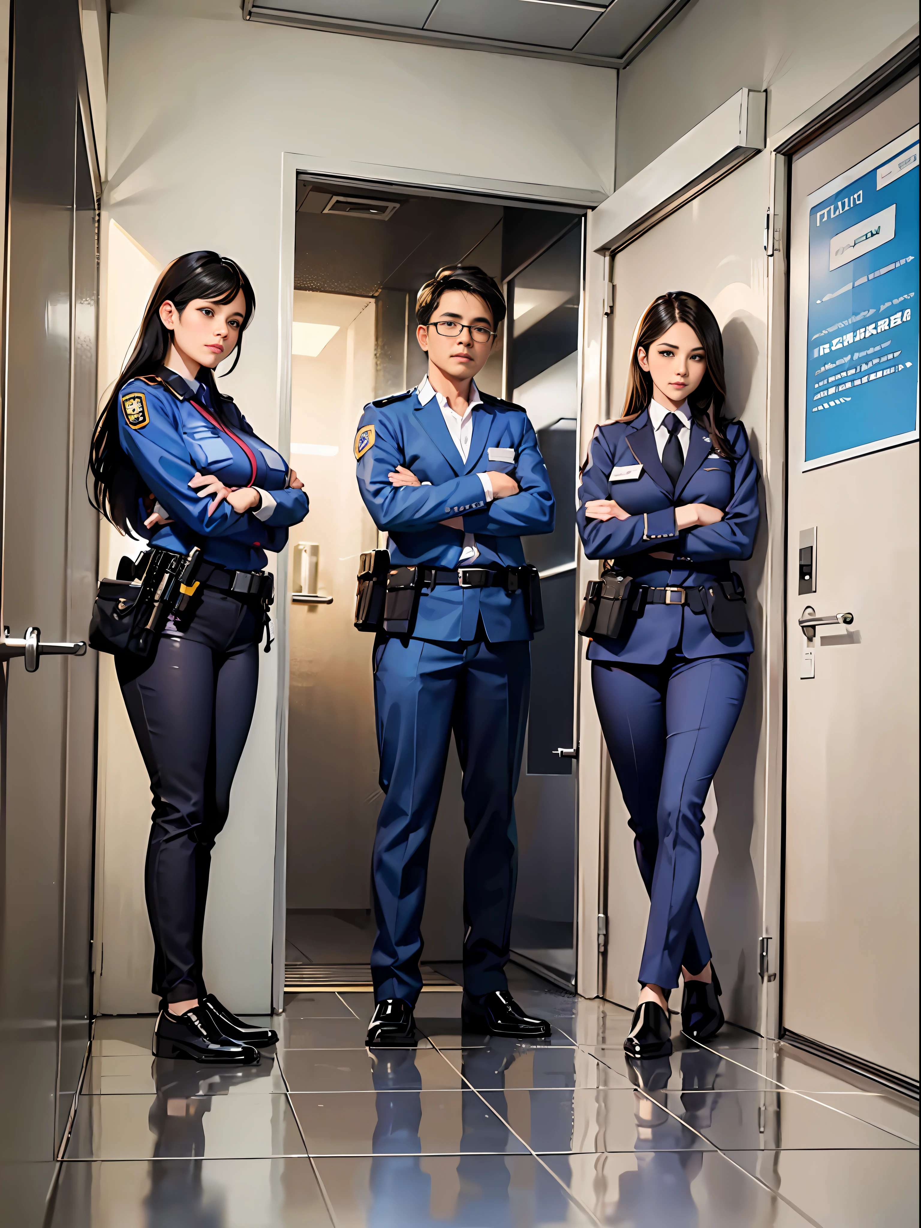 (Three men and women in police uniforms standing at the door of the conference room, looking inward: 1.9) (may indicate the presence or participation of the police in the meeting: 1.8) (expressions of alertness and concentration on their faces: 1.7) (serious and professional atmosphere in the conference room: 1.8) (Potential significance of the ongoing meeting or discussion: 1.7)