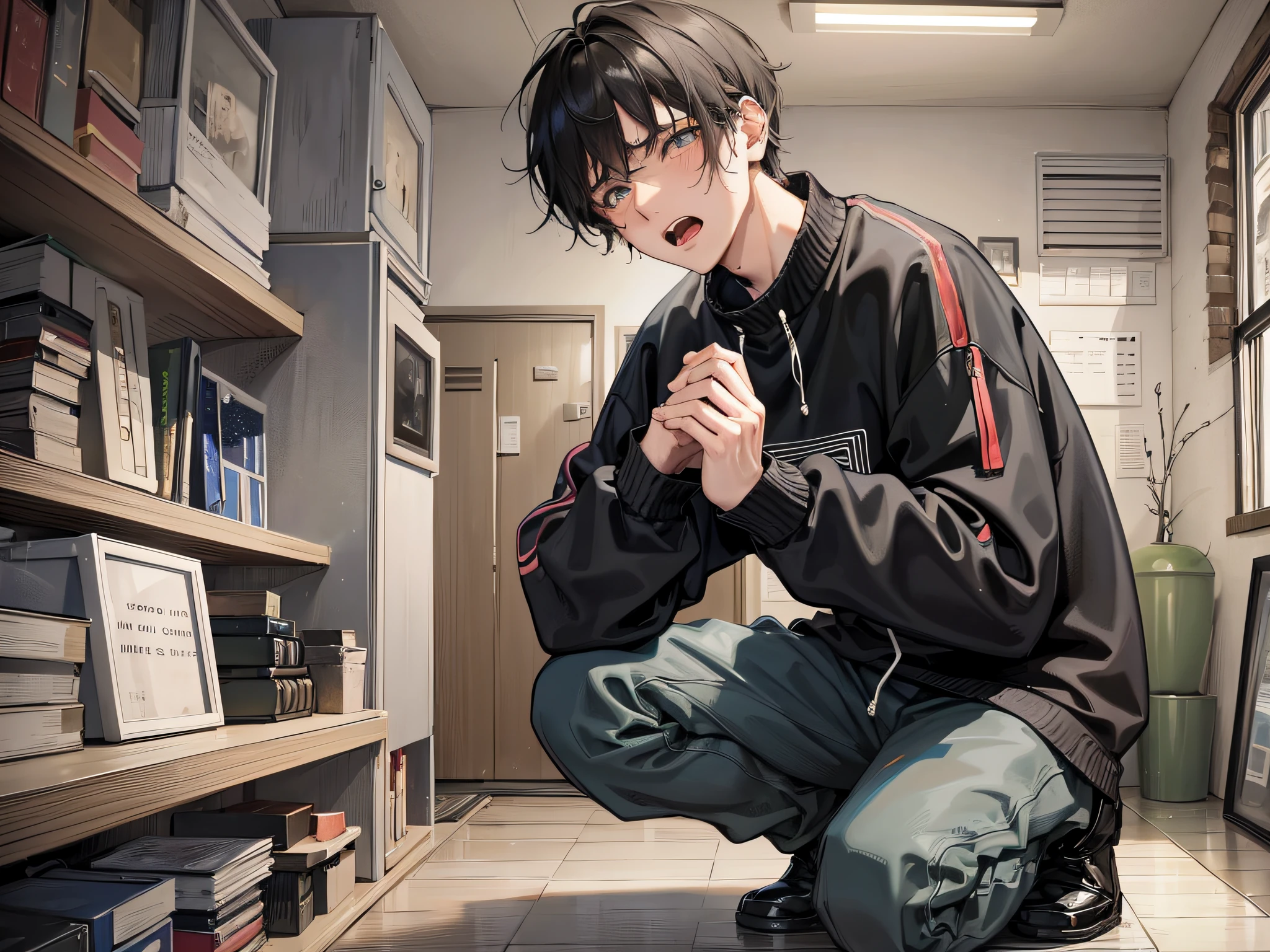 A man kneeling on the ground, black hair, wearing a pullover sweatshirt, mouth open, tears on his face, flushed face, indoors