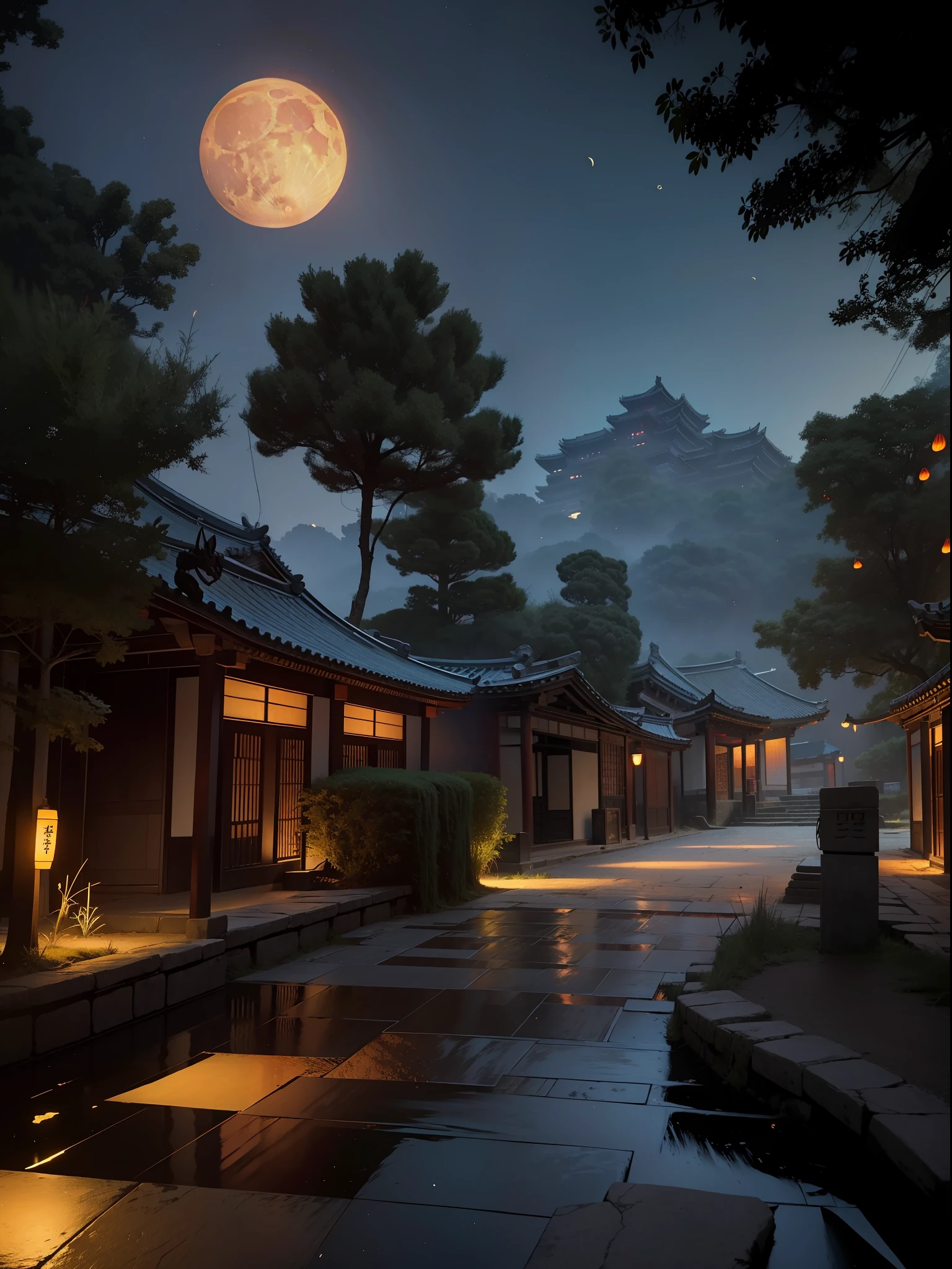 Official Art, Ancient China, Ancient Streets, (Lots of Fireflies), (Night), (Moon), Lights, Beautiful Landscapes, Epic Landscapes, Realistic Lighting, Masterpieces, High Quality, Beautiful Graphics, High Detail, Global Illumination, Unreal Engine Rendering, Octane Rendering, (HDR:1.3)