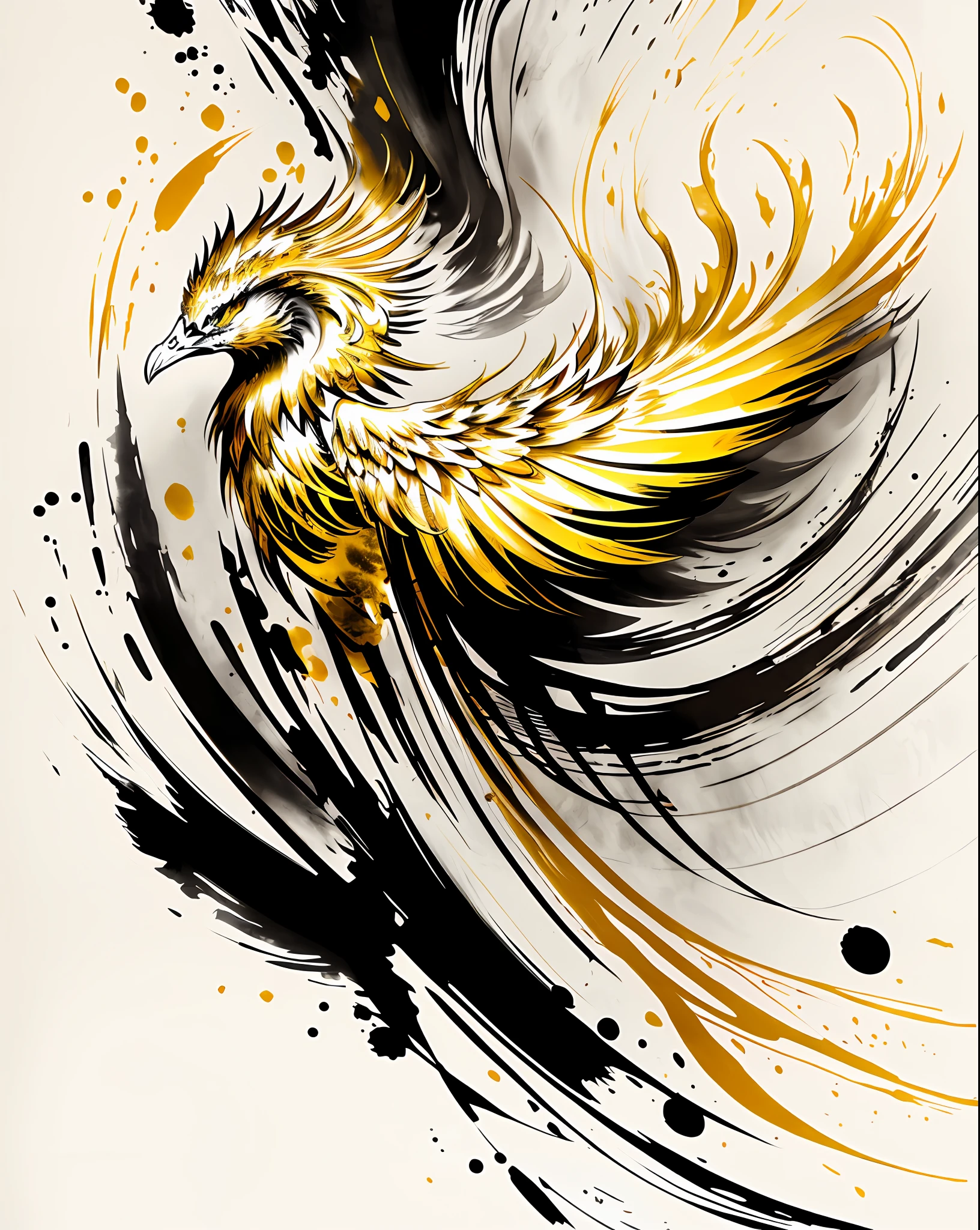 golden phoenix, golden eyes, zydink, monochrome, ink sketch, sea, waves, (abstract ink splash:1.4)