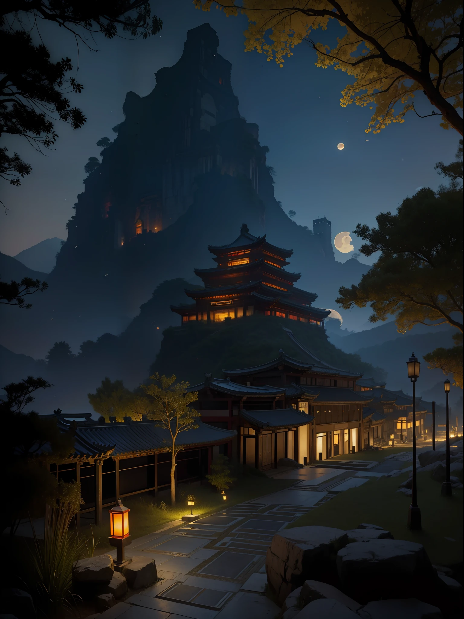 Official Art, Ancient China, Ancient Streets, (Lots of Fireflies), (Night), (Moon), Lights, Beautiful Landscapes, Epic Landscapes, Realistic Lighting, Masterpieces, High Quality, Beautiful Graphics, High Detail, Global Illumination, Unreal Engine Rendering, Octane Rendering, (HDR:1.3)
