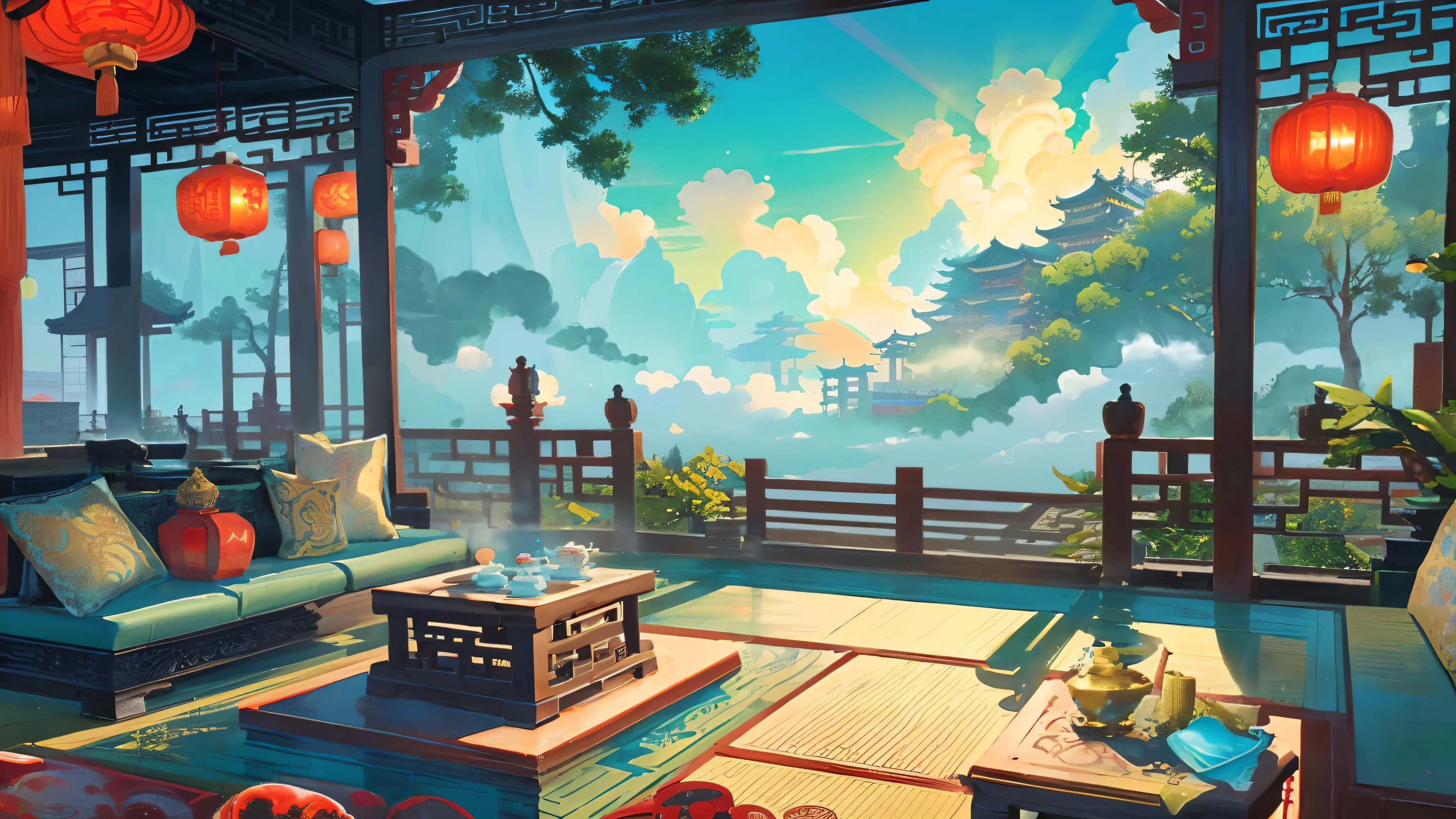 The game scene, the ancient Chinese palace is located above the clouds, surrounded by clouds and mist, majestic, glazed tiles, Buddha statues, colorful rays of light, ((color ink)),((splash ink)),((splash ink}) ), masterpiece, high quality, exquisite graphics, high detail, realistic lighting, masterpieces,