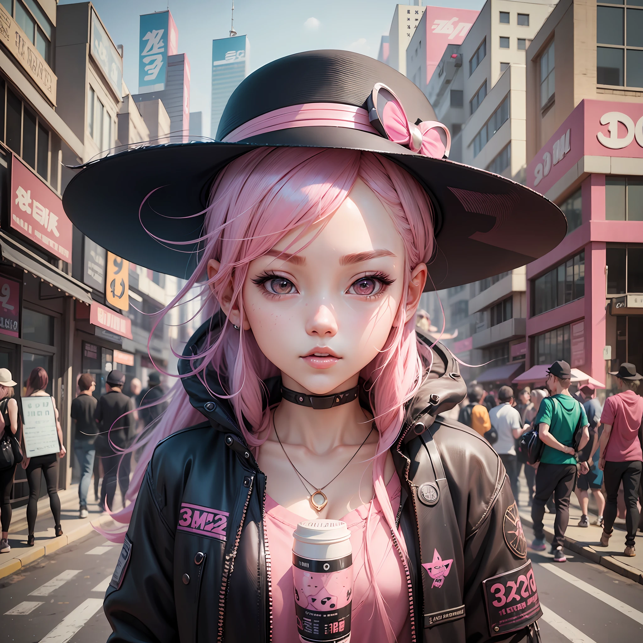 there is a girl with pink hair and a hat on, artwork in the style of guweiz, anime styled 3d, anime style. 8k, cute detailed digital art, realistic anime 3 d style, kawaii realistic portrait, render of a cute 3d anime girl, photorealistic anime girl render, trending on cgstation, cute digital art --auto --s2