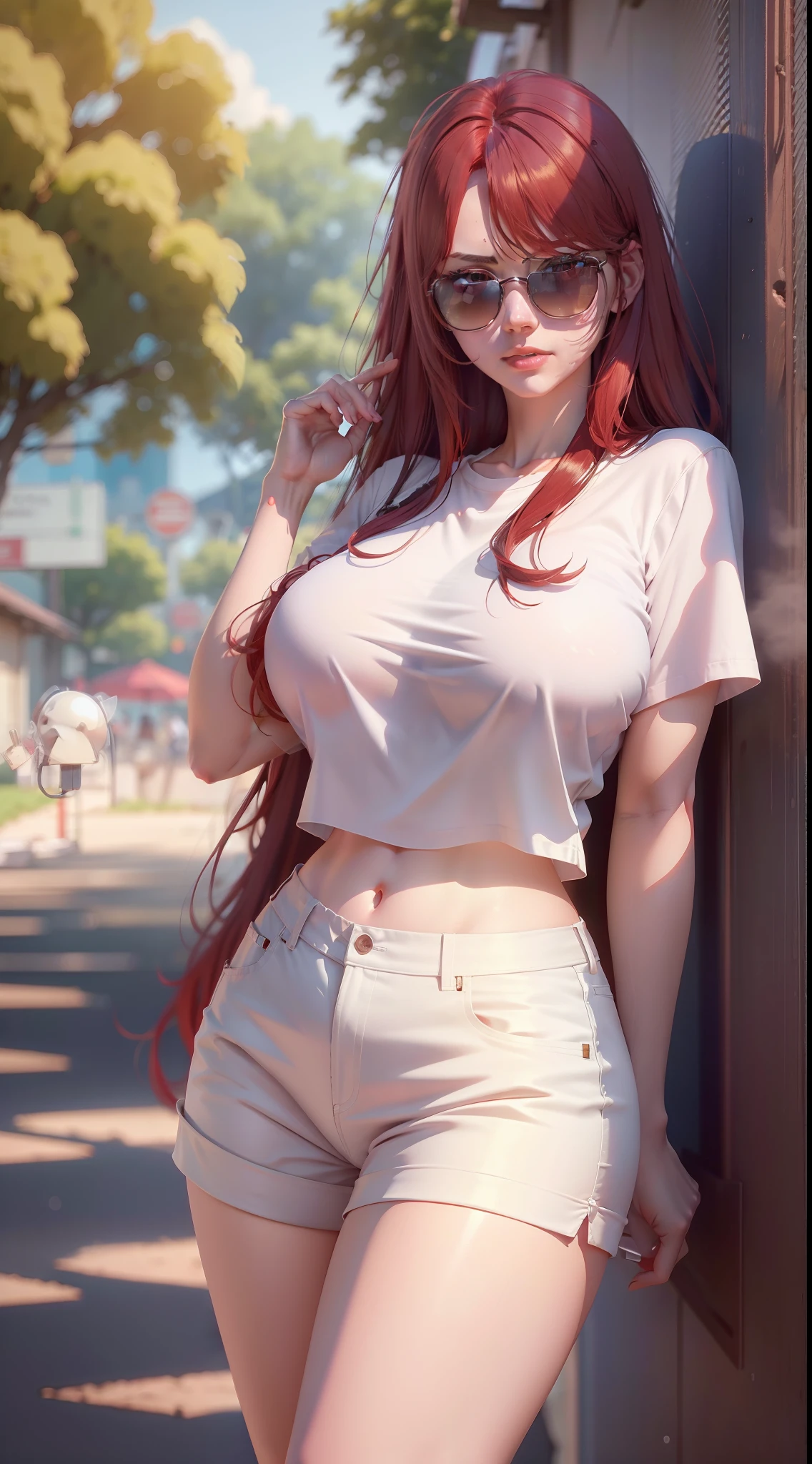 red hair, sunglasses, big breasts, white shirt, shorts, line optimized, mature woman, sun after rain, high detail, anime, 16k, high resolution, high quality, masterpiece, UHD
