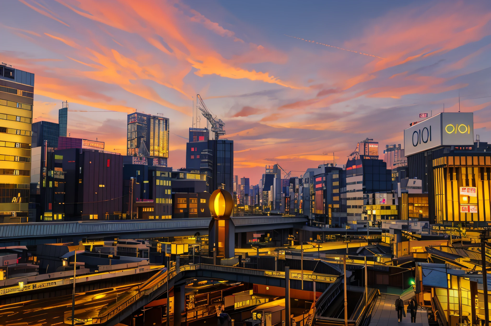 buildings in a city at dusk with a train station and a pedestrian crossing, japanese downtown, golden hour in tokyo, taken with sigma 2 0 mm f 1. 4, taken with sony a7r camera, tokio futuristic in background, tokyo in the background, tokyo city in the background, tokyo street cityscape, 2 4 mm iso 8 0 0