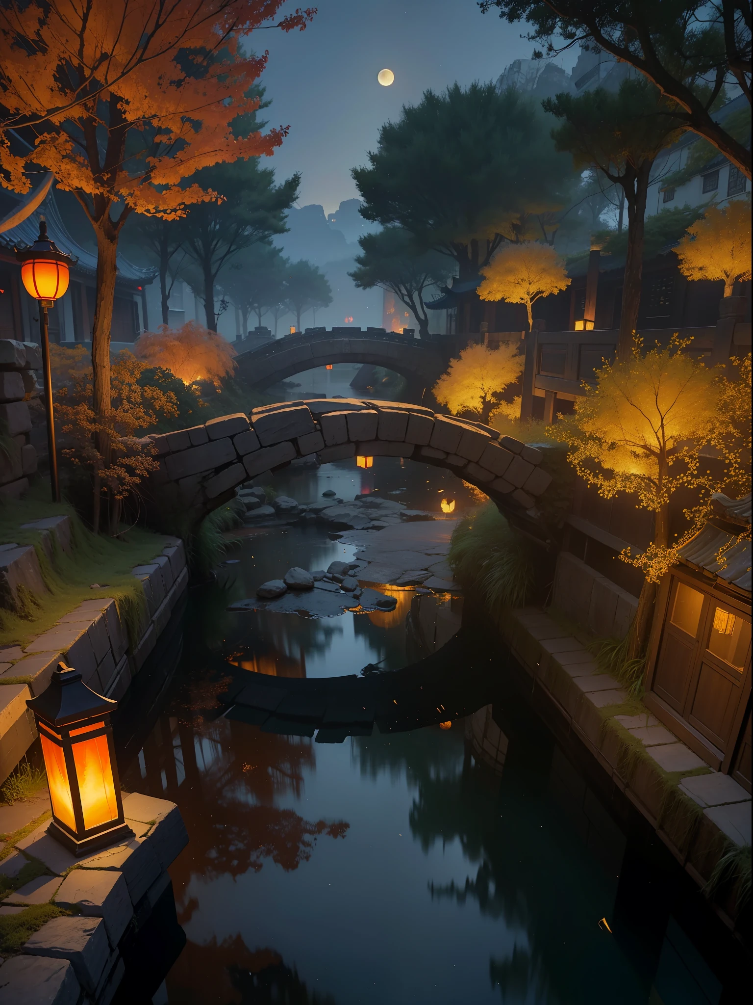 Official Art, Ancient China, Ancient Streets, (Lots of Fireflies), (Night), (Moon), Lights, Beautiful Landscapes, Epic Landscapes, Realistic Lighting, Masterpieces, High Quality, Beautiful Graphics, High Detail, Global Illumination, Unreal Engine Rendering, Octane Rendering, (HDR:1.3)