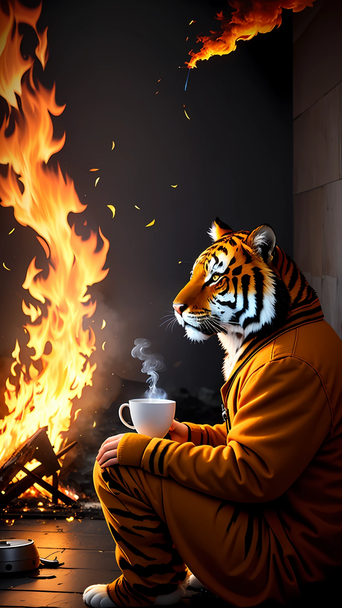 (Best quality: 1.23), (Masterpiece: 1.12), (Realistic: 1.24), (Anthropomorphic tiger: 1.5) holding a coffee cup, sitting, wearing a robe, eating breakfast, holding a coffee cup, hat, particles, volumetric light, the room burned down, the floor and chairs caught fire, many gadgets and equipment caught fire, smoke, (surrounding flames: 1.2),