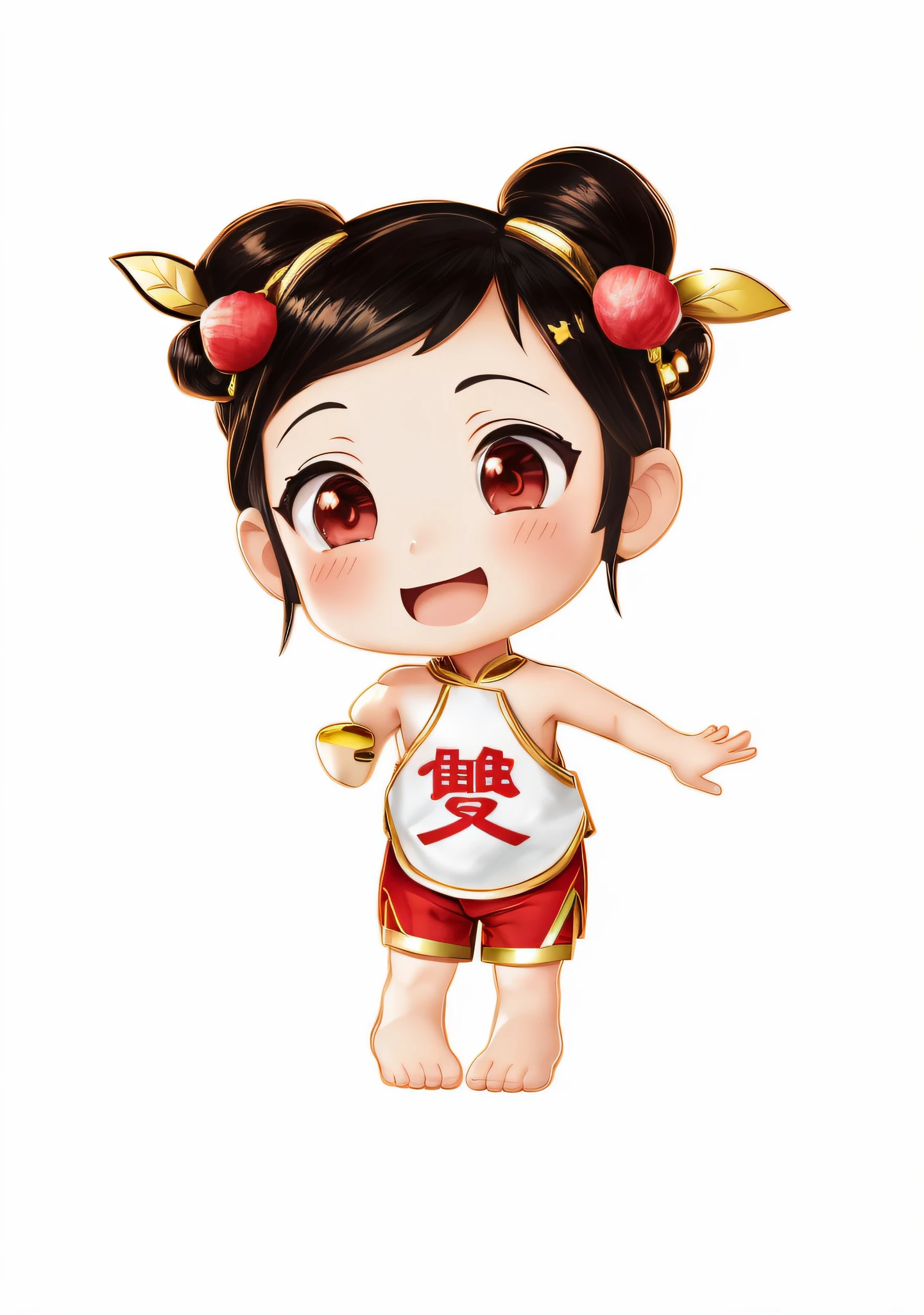(Masterpiece: 1.3), (Best Quality: 1.3), (Masterpiece: 1.3), (Best Quality: 1.3), (8k wallpaper), (Ultra High Resolution), Full Body, (Bicephal: 2), (Natural Skin Texture), (Beautiful and Beautiful), (Very Detailed CG, Intricate Details), White Background, (White Background: 1.5), 1 Girl, Cute, Happy Face, Black Hair, Solo, Chibi, Hair Accessories, .Chibi, (Lychee: 0.5), (Double Lychee: 0.2), ( Chinese style: 1.5), Hanfu, (red bib), (red shorts), sleeveless, gold stroke, horse face clothing, barefoot, no shoes.