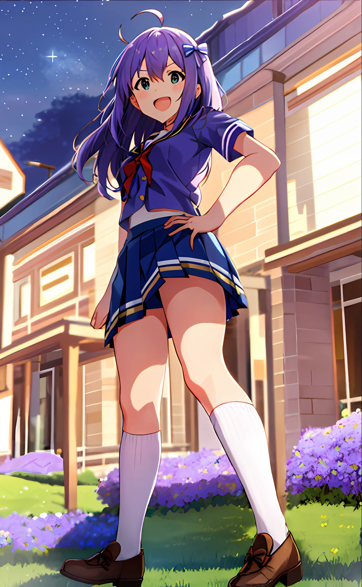 Anna Mochizuki (Million Live), Shiny Trinity \ (Costume), (Best Quality, 8K, Masterpiece, Super Detail: 1.2), Night, Outside.1 Girl, Solo, Skirt, True Face, V, Watch Viewer, White Sailor Color, Blue Shirt, Sailor Color, Blue Skirt, Pleated Skirt, Short Sleeve, :d, Shirt, School Uniform, Blush, Serafuk, Clavicle, Bow, Ribbon, Blue bow.Put your hands on your hips,Chest up,Clench your fists.View from below.