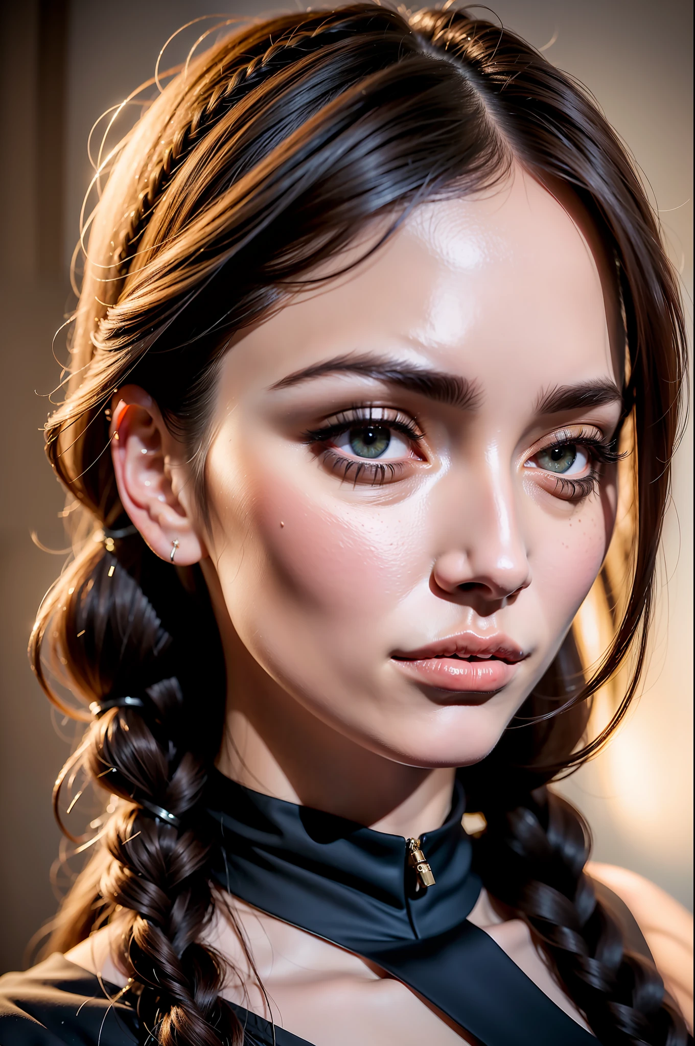 ((tall and slender woman from Russia)), (long black hair braided into two braids)), ((big brown eyes)), (black long shirt), (short silk skirt), extremely detailed, 8yk, raw photo, high level of detail, (ray tracing), (masterpiece), (best quality), high-resolution, (realistic: 1.4), physically based representation, ultra-realistic, full body, natural light, double eyelids, ((detailed realistic face and eyes)), cinematic lighting,  8K resolution, (model shooting style)