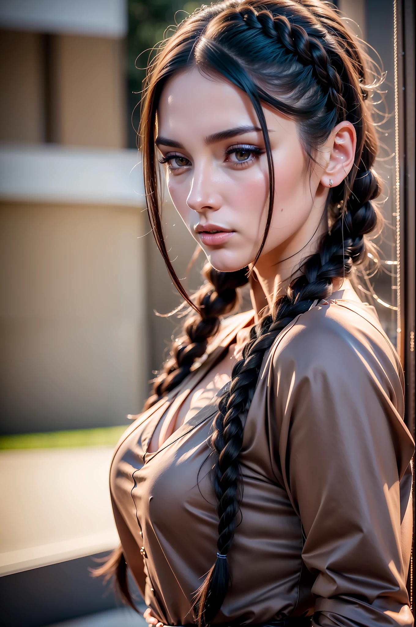 ((tall and slender woman from Russia)), (long black hair braided into two braids)), ((big brown eyes)), (black long shirt), (short silk skirt), extremely detailed, 8yk, raw photo, high level of detail, (ray tracing), (masterpiece), (best quality), high-resolution, (realistic: 1.4), physically based representation, ultra-realistic, full body, natural light, double eyelids, ((detailed realistic face and eyes)), cinematic lighting,  8K resolution, (model shooting style)