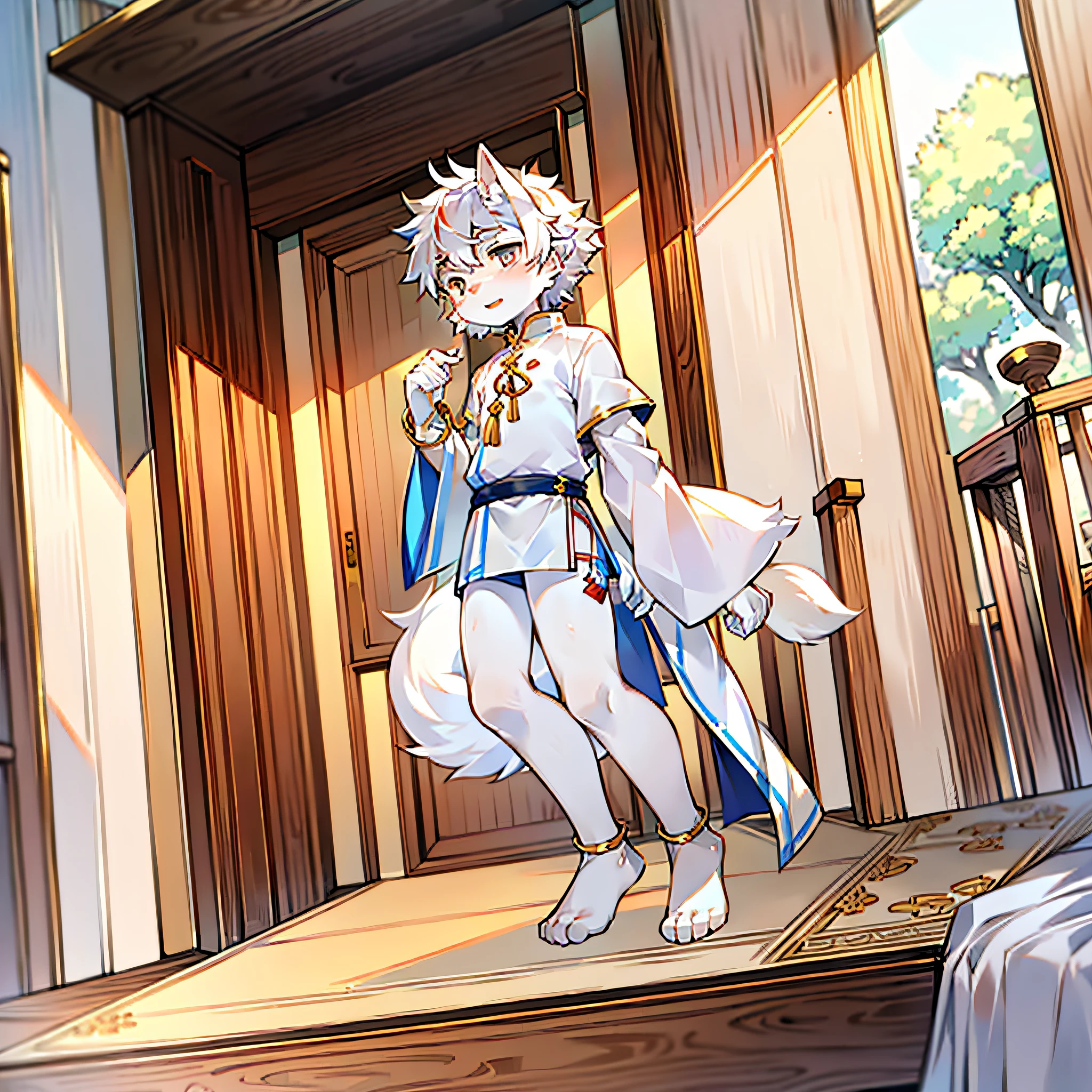 furry , white wolf boy, white wolf boy, white wolf boy, white wolf boy, little man, (long white wolf tail), little feet (with socks), flower anklet, white hair, silver eyes, , national style clothes (light color), aoeu, aoeu, aoeu, long cheongsam (outer garment), hanfu (outer garment), white clothes (inner shirt), boy, boy , boy , boy, noble clothes (light color), cute, Shota, on the way