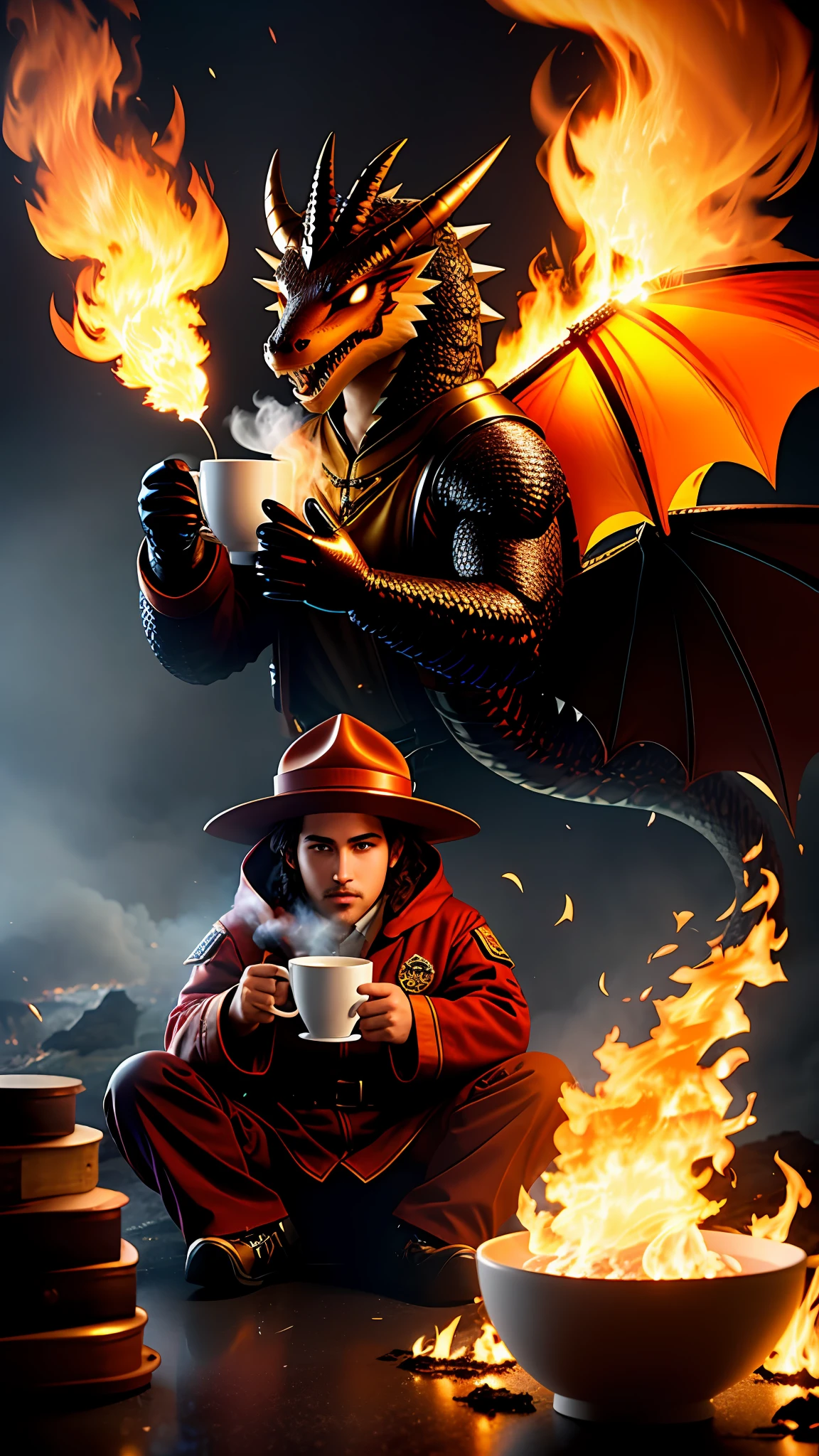 (Best quality: 1.23), (Masterpiece: 1.12), (Realistic: 1.24), (Anthropomorphic dragon: 1.5) holding a coffee cup, sitting, wearing a robe, eating breakfast, holding a coffee cup, hat, particles, volumetric light, the room burned, the floor and chairs were on fire, many gadgets and equipment were on fire, smoke, (surrounding flames: 1.2),