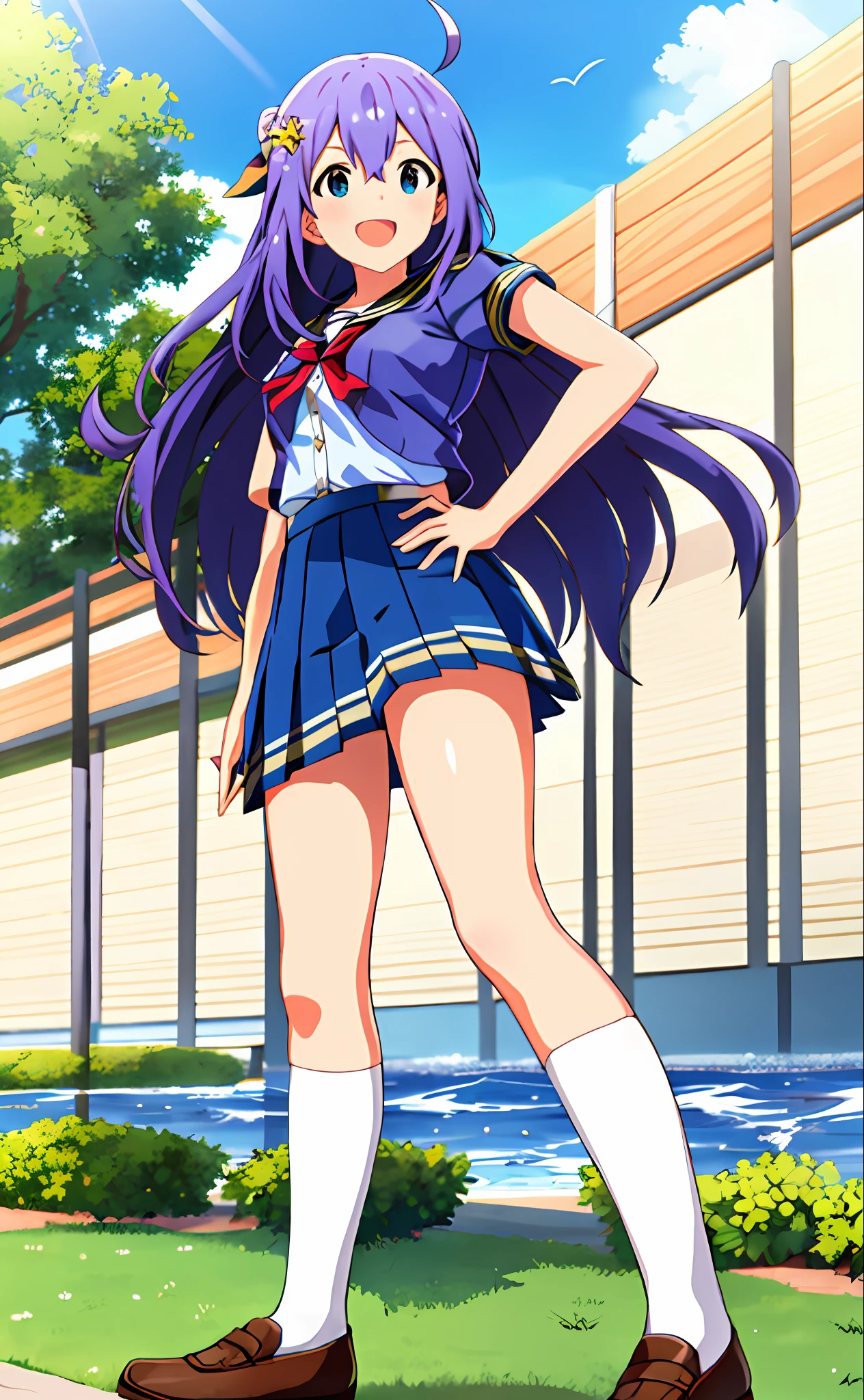 Anna Mochizuki (Million Live), Shiny Trinity \ (Costume), (Best Quality, 8K, Masterpiece, Super Detail: 1.2), Sea, Sun, Mottled Sunlight, Blue Sky, Beautiful Clouds, 1 Girl, Solo, Skirt, Smile, Open Mouth, V, Watch Viewer, White Sailor Color, Blue Shirt, Sailor Color, Blue Skirt, Pleated Skirt, Short Sleeve, :d, Shirt, School Uniform, Blush, Serafuk, Clavicle, bow, ribbon, blue bow.hands on hips.chest out.clench fists.looking from below.