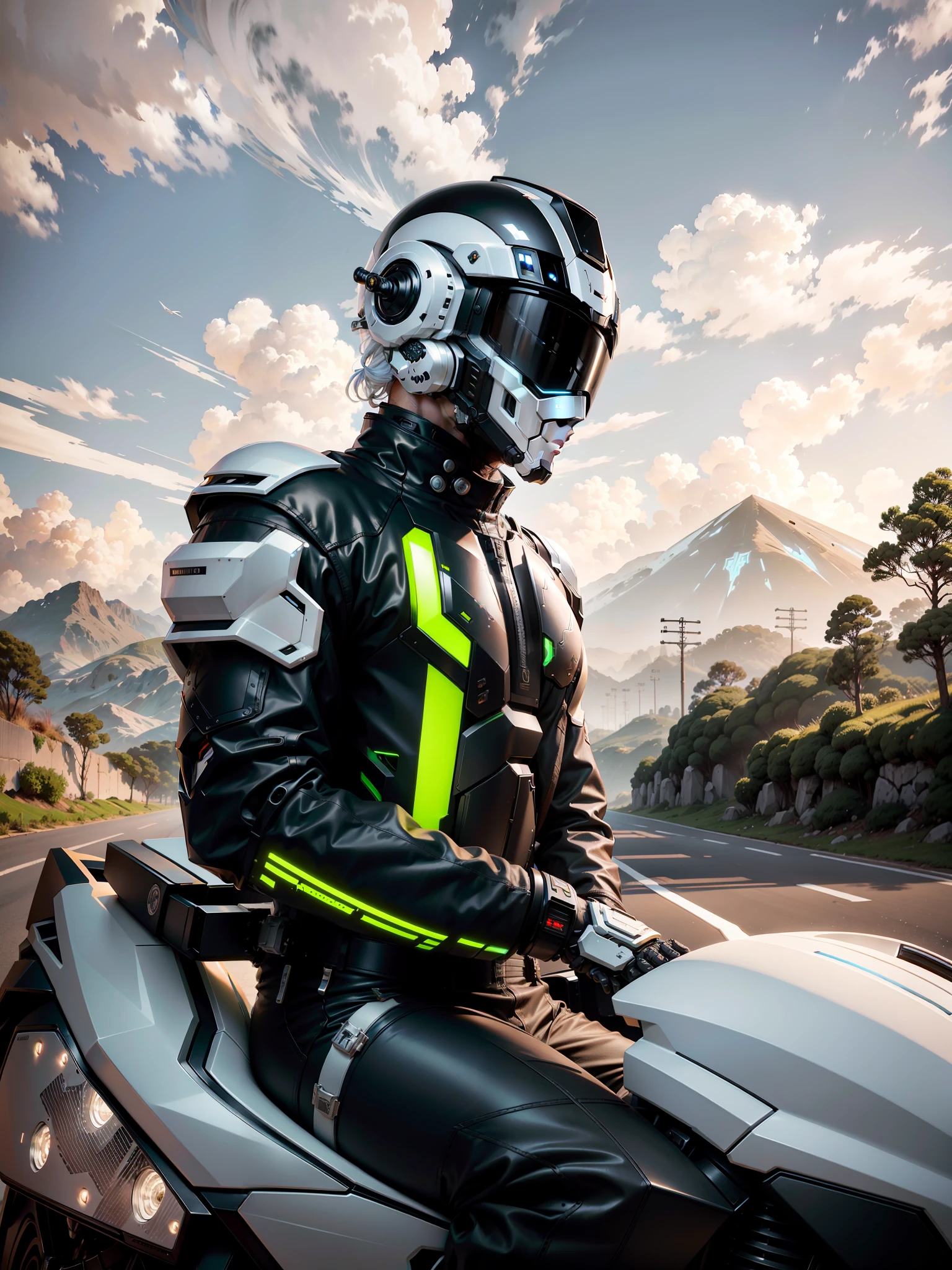 White mech clothes and pants, white hair, Cyber Male Warrior and Cyber Mechanical Motorcycle, Exquisite high-tech armor all over, Exquisite black tech helmet, Nousr, Biomechanics, MSHN Robot Man, high-tech helmet, surreal, steel, intricate design, crazy details, fine details, extremely clear lines, cinematic lighting, photo realisticity, detailed masterpiece