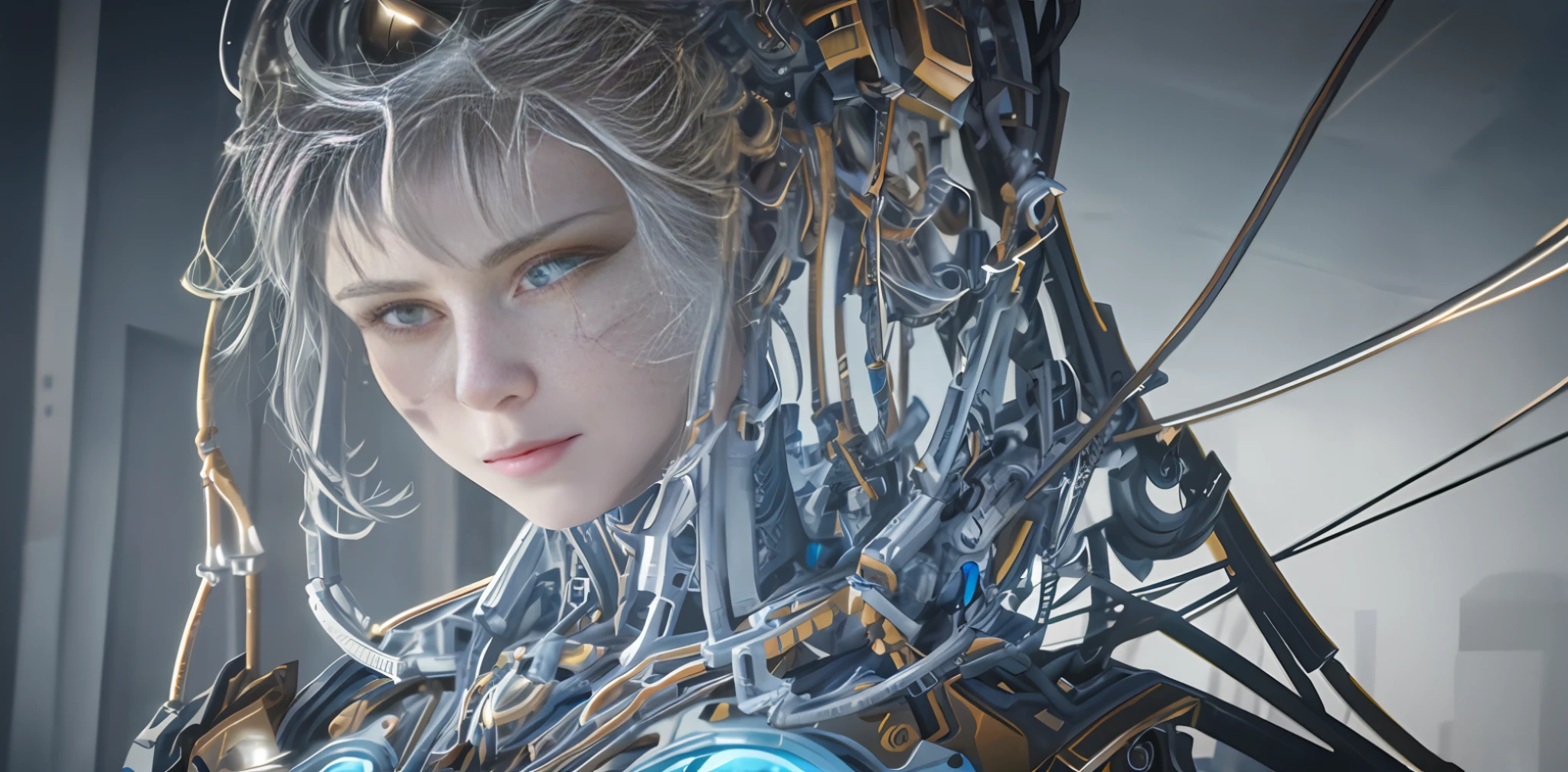 1mechanical girl,((ultra realistic details)), portrait, global illumination, shadows, octane render, 8k, ultra sharp,metal,intricate, ornaments detailed, cold colors, egypician detail, highly intricate details, realistic light, trending on cgsociety, glowing eyes, facing camera, neon details, machanical limbs,blood vessels connected to tubes,mechanical vertebra attaching to back,mechanical cervial attaching to neck,sitting,wires and cables connecting to head
