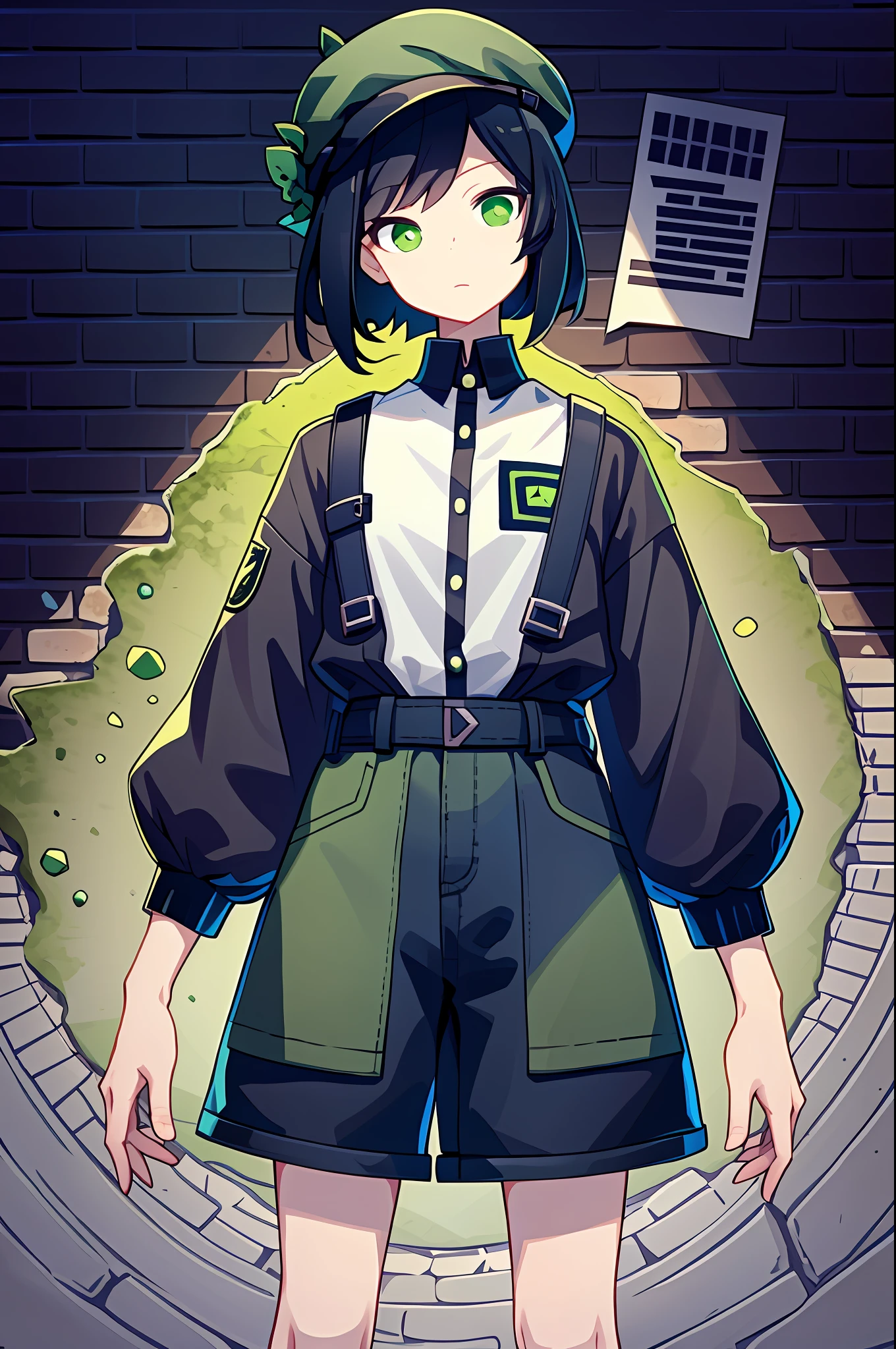 (1girl, solo:1.0), (Colors used: black, white, and more deep-green), black hair, medium hair, (Hat, T-shirt, T-shirt with brick pattern, short pants), (brick background, ruins wall, mossy wall, two-color composition wall), medium shot, (flat color, deformation, Deformed picture Minimalist style, low contrast), (intricate details, finely best quality illustration, masterpiece:1.2),
