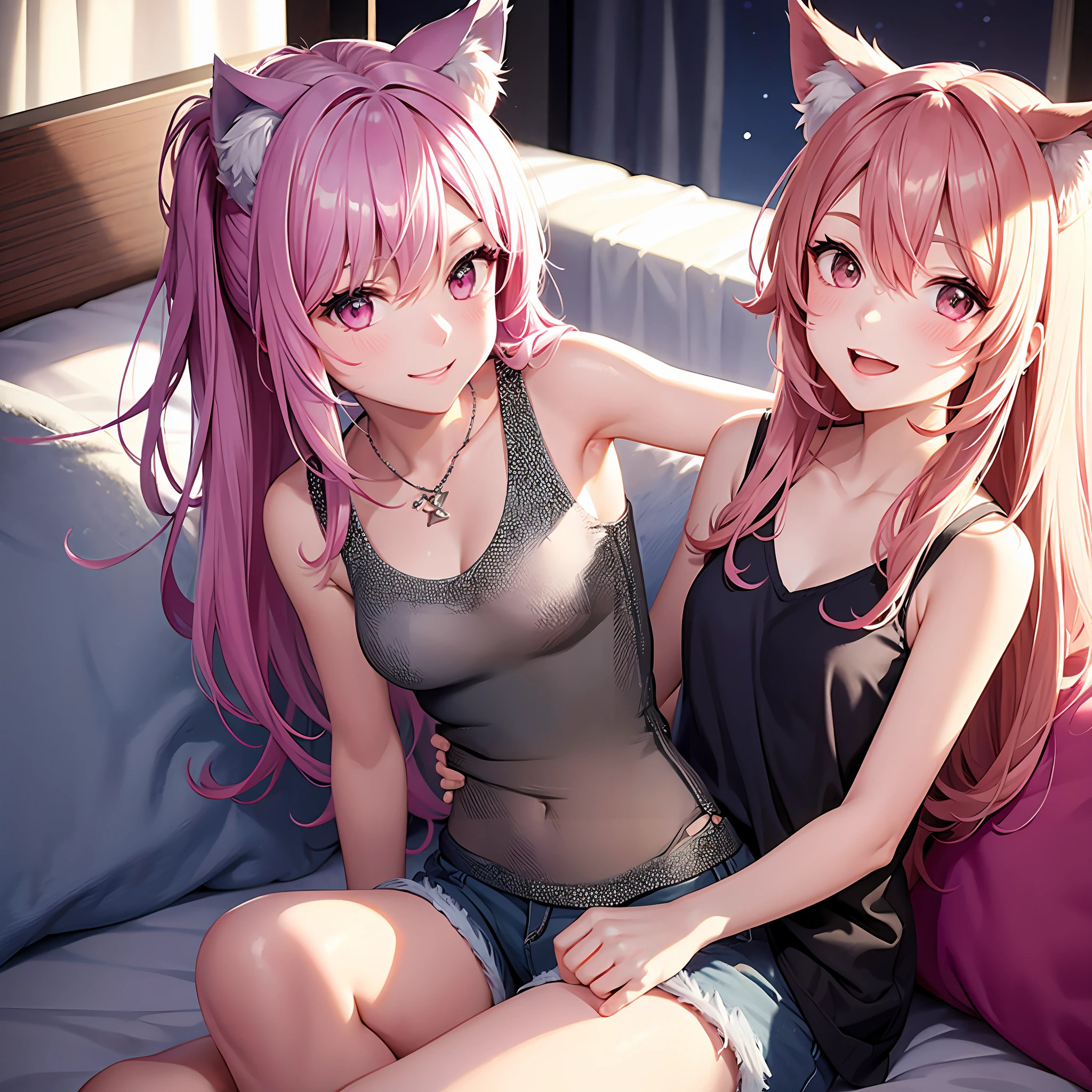 Close-up, upper body, one girl, smile, wolf ears, wolf tail, pink eyes, hair between eyes, split color hair: 5, striped hair, long hair, hair ends jewelry, (cute random tank top and hot pants figure: 15), jewels, AI super luxurious bedroom and cute interior: 5, (on bed: 15) sit in, laugh at the viewer embarrassed, blush, night landscape,