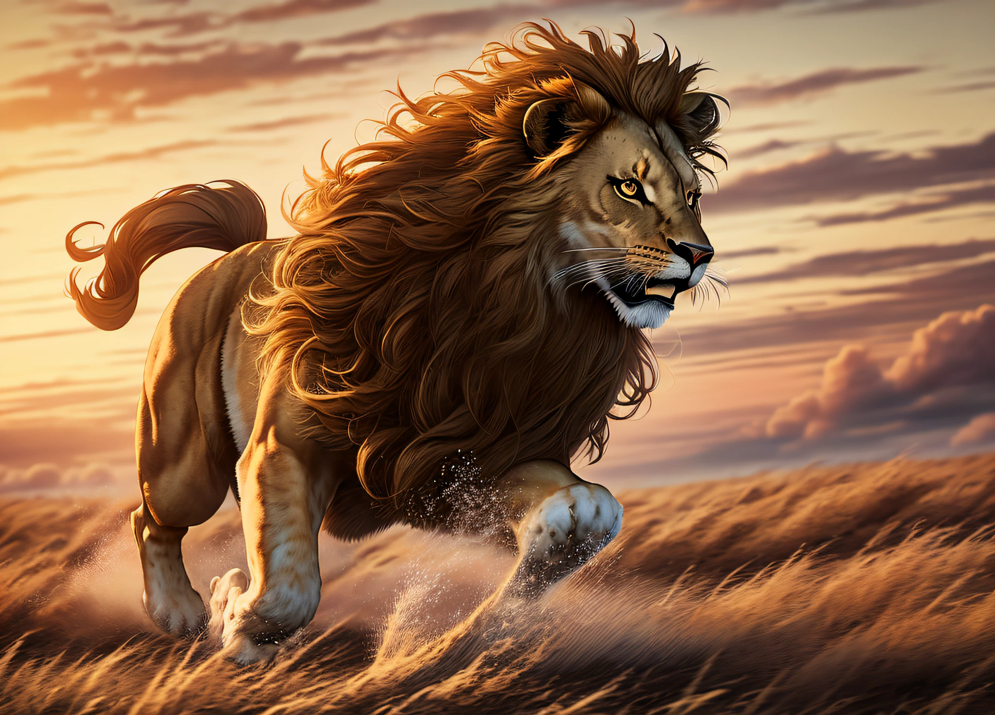 Lion, running, (escaping from enclosure), (wild and untamed), (mane flowing in the wind), (fierce expression). (Grassland setting), (sunset backdrop), (dust clouds trailing behind). (Strength and freedom), (adrenaline rush), (powerful stride).