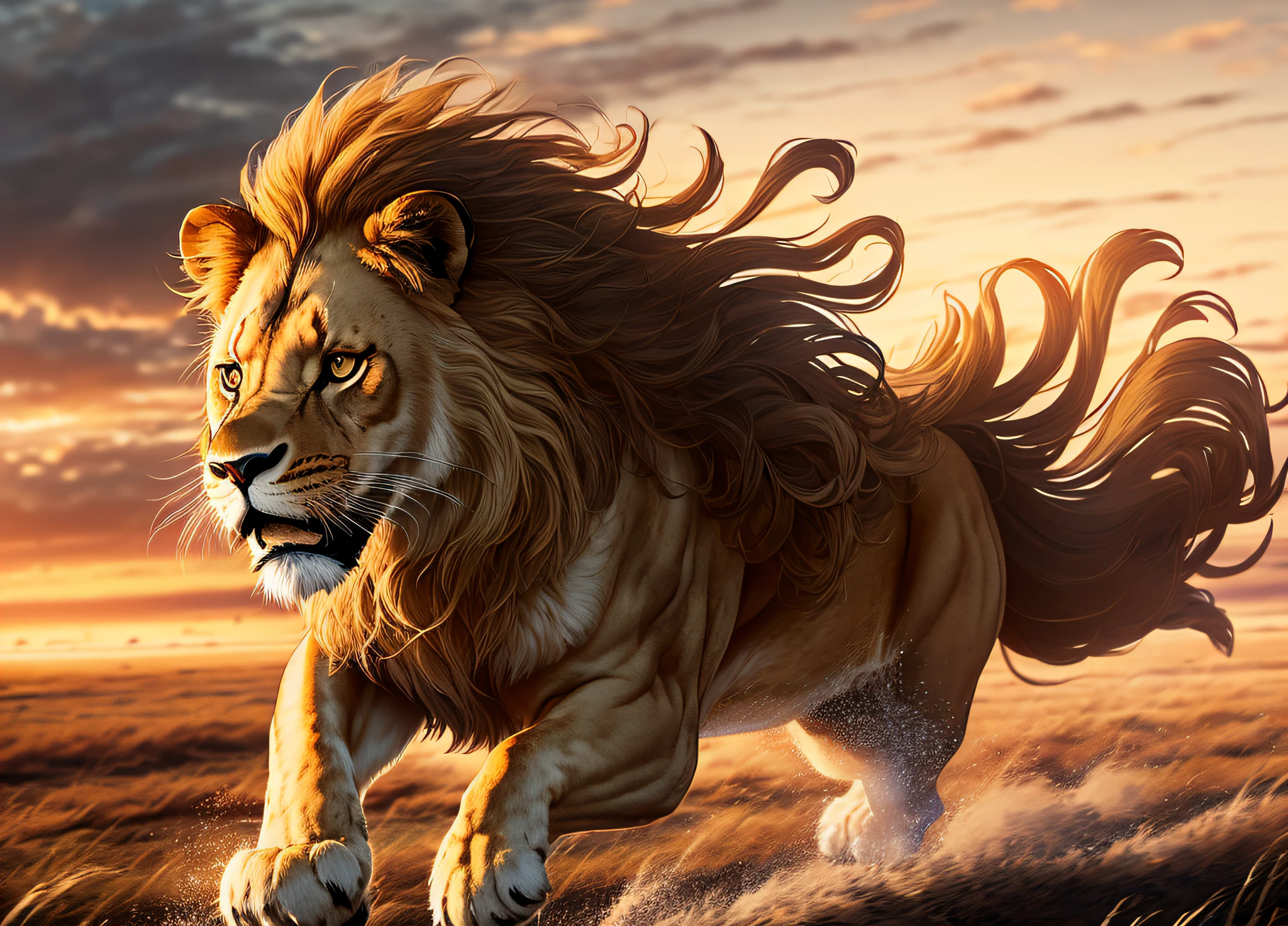 Lion, running, (escaping from enclosure), (wild and untamed), (mane flowing in the wind), (fierce expression). (Grassland setting), (sunset backdrop), (dust clouds trailing behind). (Strength and freedom), (adrenaline rush), (powerful stride).