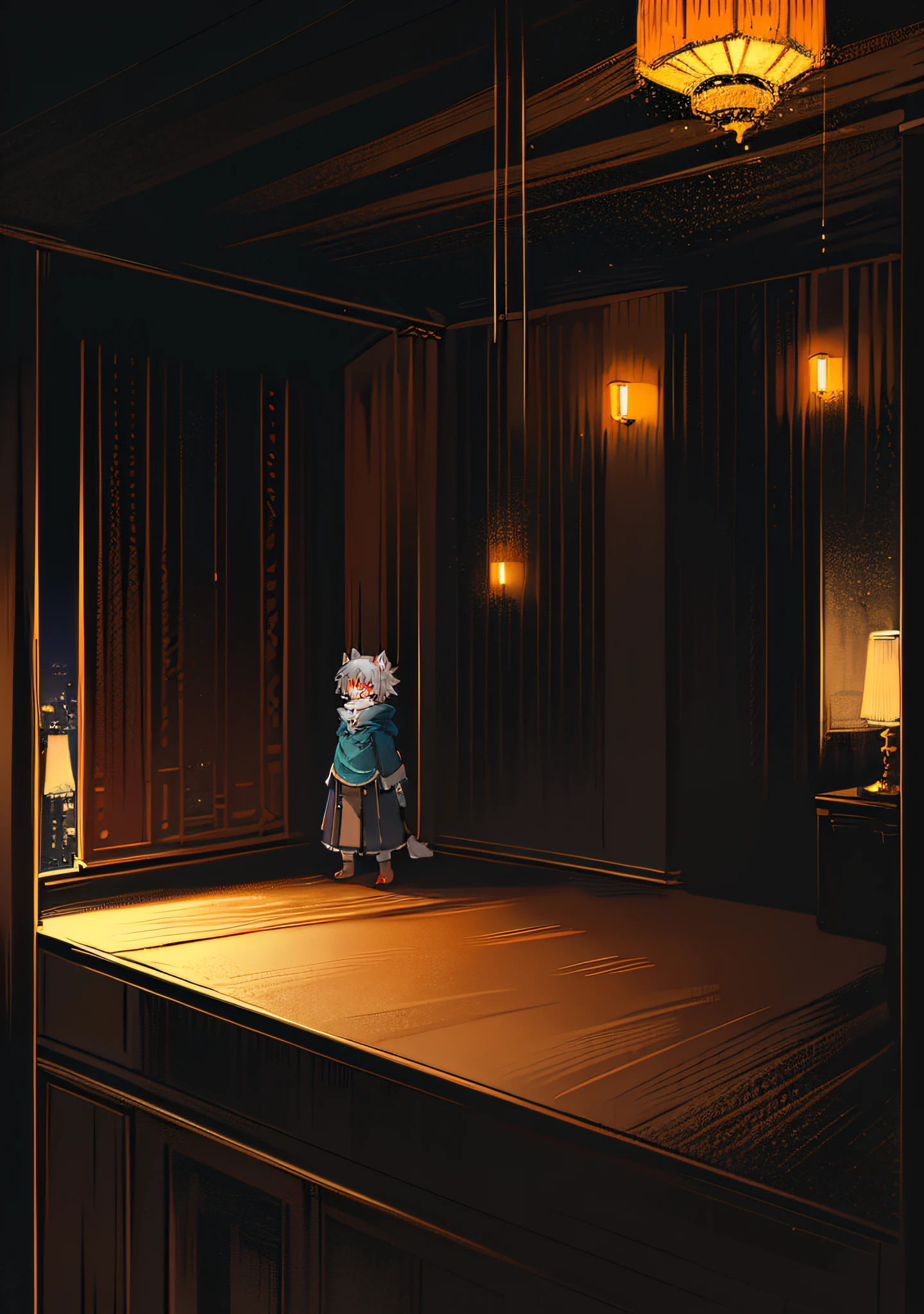 (Dark Environment: 0.8), Masterpiece, High Quality, Abstract Res, Digital Painting\(artwork\), by Dagasi, Yupa, Kiyosan, (Anthro, Fluffy Fur, Character Focus: 1.1), Anthro Male Cat, Short Hair, Portrait , bright eyes, panorama, character focus. (Background: 0.7), Solo, Furry, Hairy Male, Male Focus, Anthr, (Full Body Fur, Fluffy Tail, Yellow and White Fur, Red Eyes, Gray Hair: 1.2), (Long Canids, Cyan Cloak: 1.2), (Interior, Night, City: 1.1)