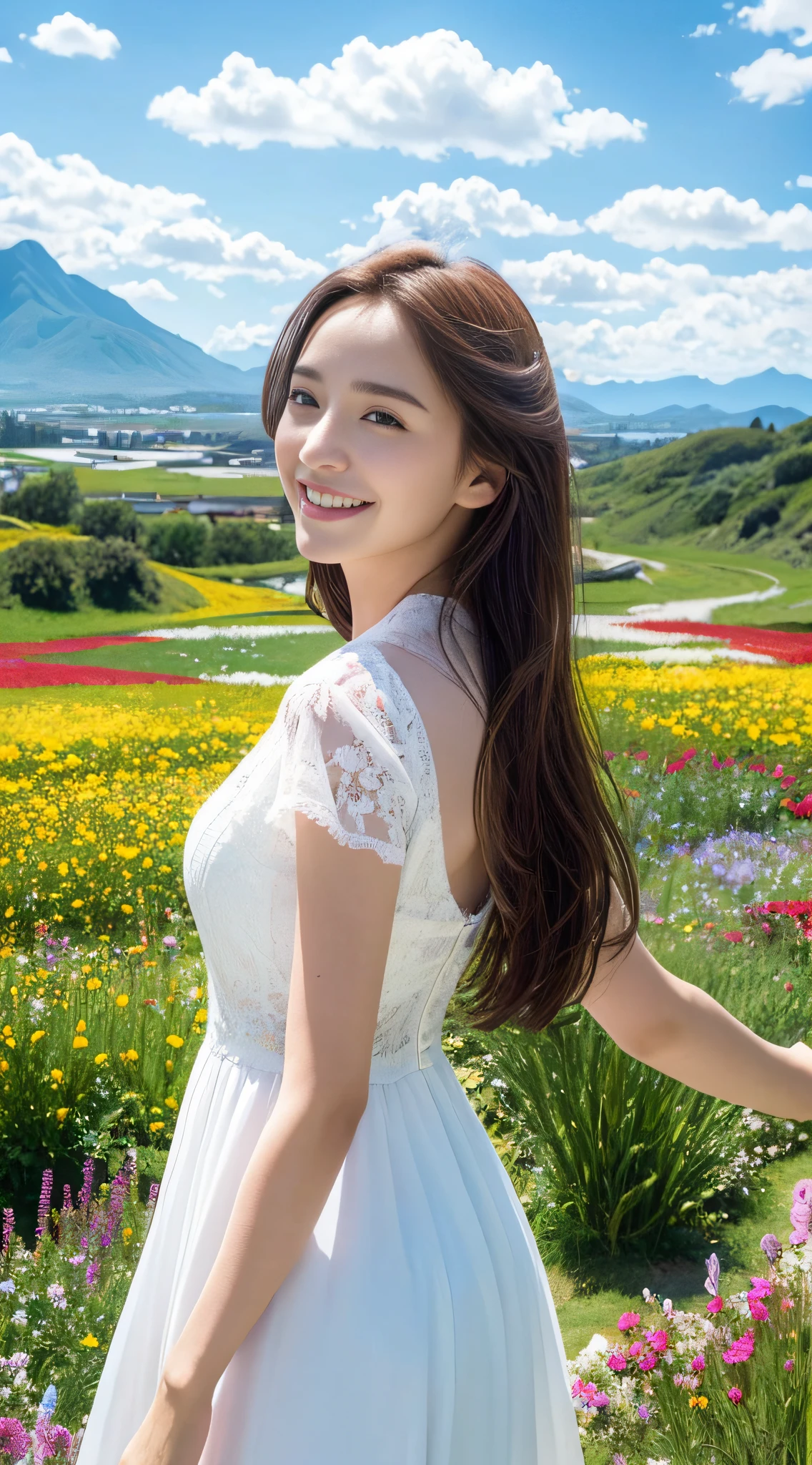 1 Girl, Dynamic Angle, Clouds and Mountains, (Flower Field: 1.4) in the foreground, White dress, Light tracing, (Floating Colorful Wind: 1) (Realistic: 1.4), Official Art, Unity 8k wallpaper, Ultra detailed, Beautiful and beautiful, Masterpiece, Best Quality, Glow Skin, Movie Lighting, Light Smile