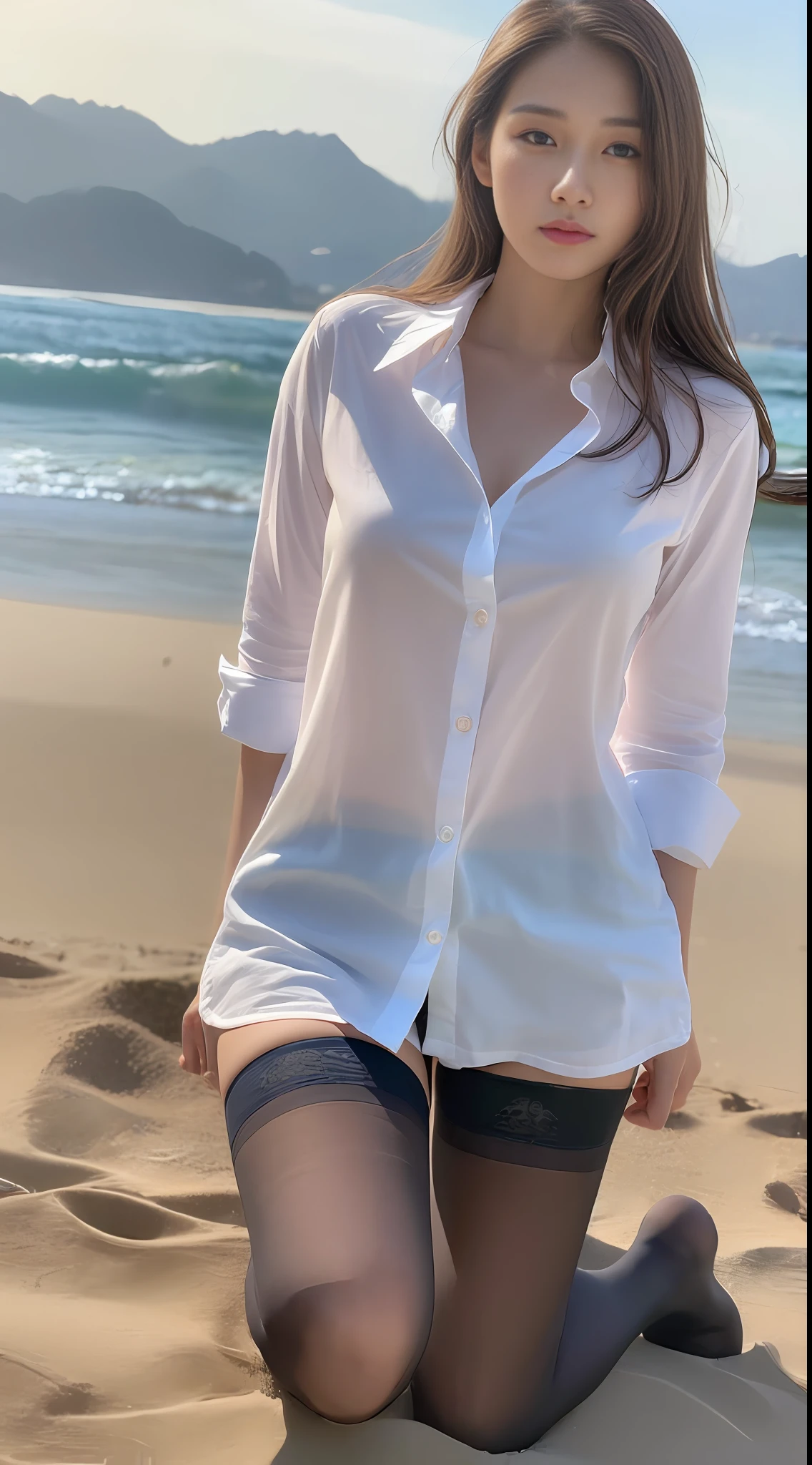 ((Best Quality, 8K, Masterpiece:1.3)),Ultra Detailed, High Resolution, (Photorealistic, Photorealistic:1.4), 8K, Original Photo, (Masterpiece), (Best Quality), Physically Based Rendering, College Girl, Long Brown Hair, Korea, (Beach 1.3), Look, Stockings, unbuttoned_white_shirt,