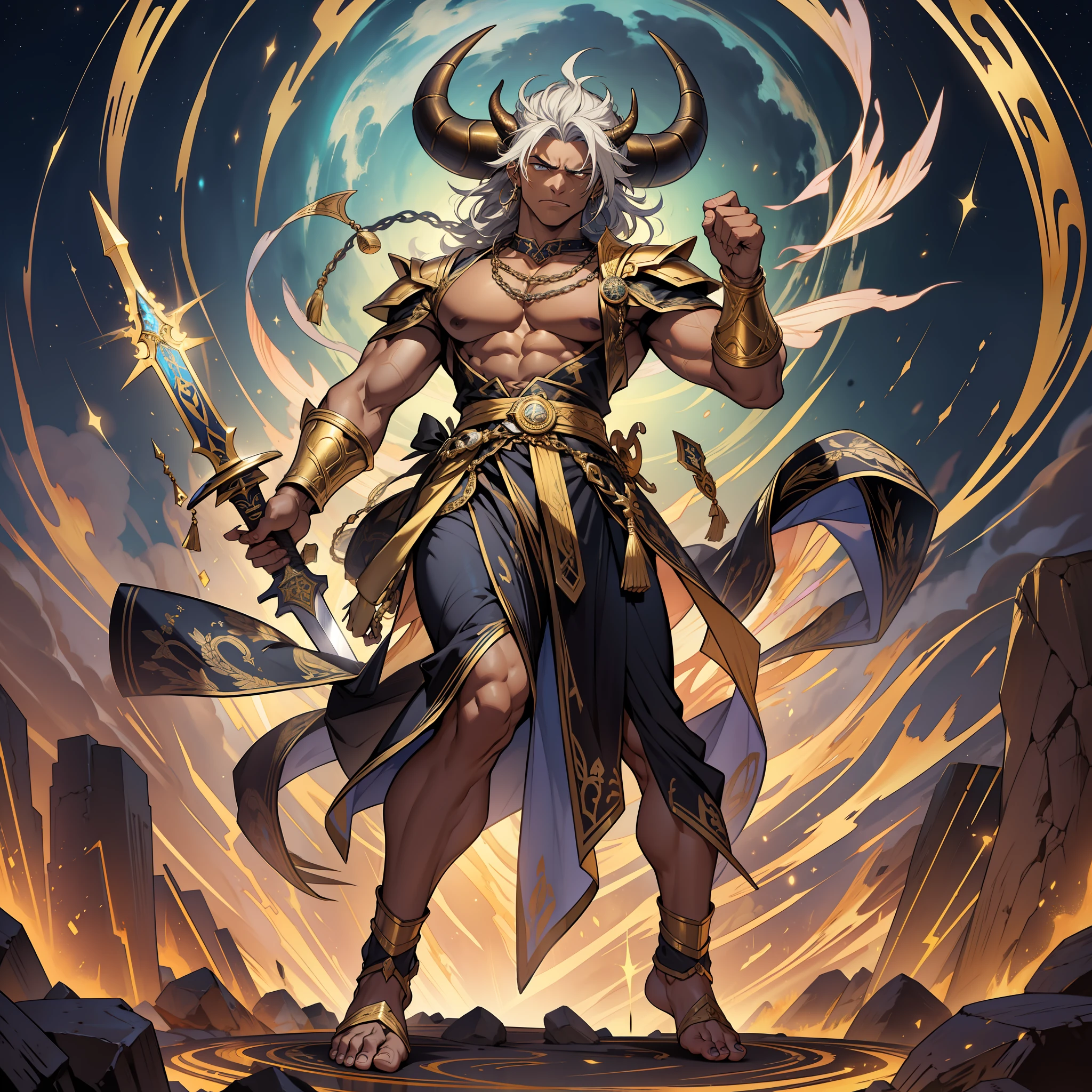 Tarot, golden starry sky, single, full-body, Taurus, a youthful, muscular, ancient Greek style, god costume, coffee-colored hair, dark skin, angry expression, holding a huge sword, roaring, huge horns, barefoot, feet