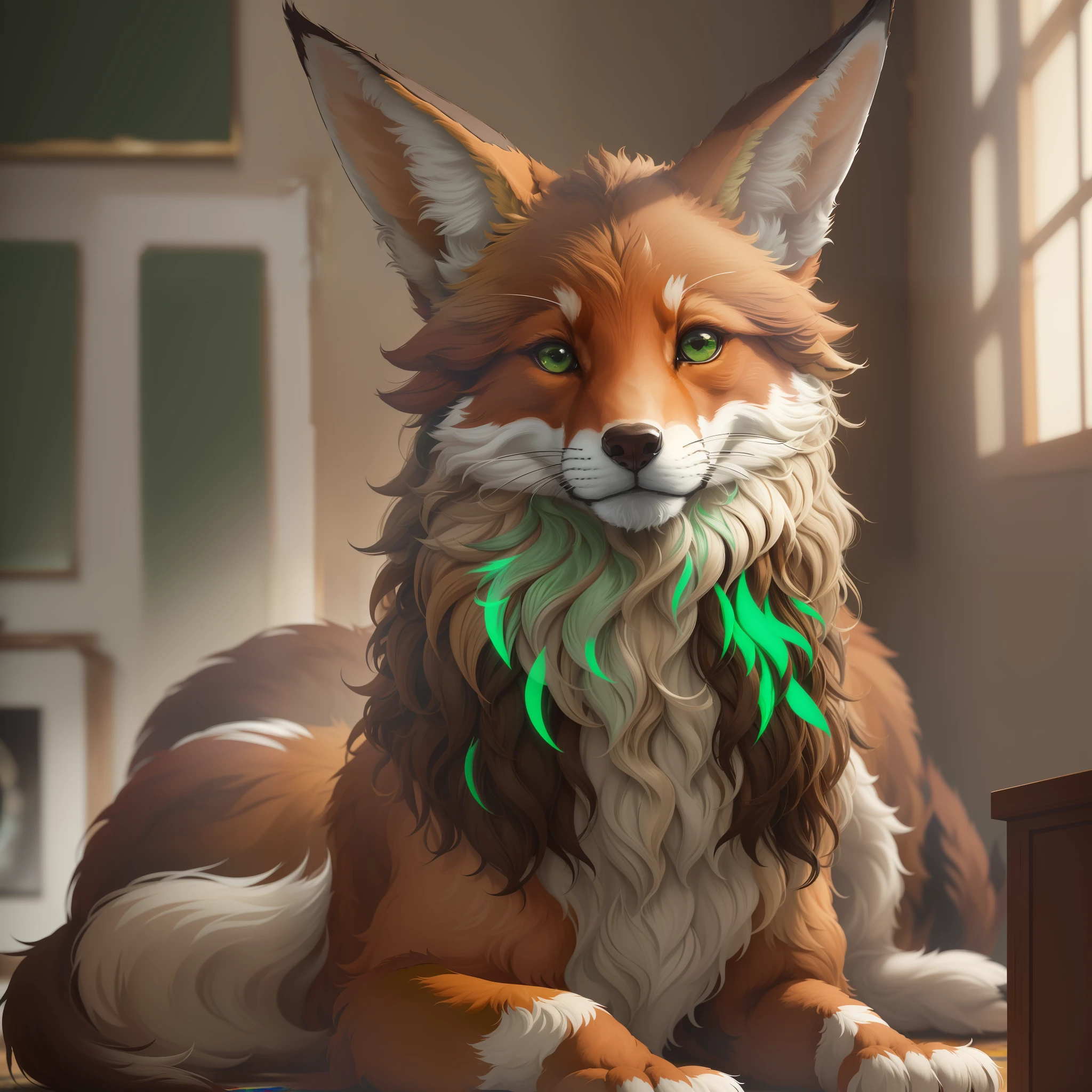 (painting of craftsmanship, best quality, very detailed), fox (1beast), funny pose, matte shade, (beautifully illuminated, in warm colors: 1.2, clarity of details: 1.1, haze air: 0.9), ('handmade: 0.8, bright tones: 0.6, delicacy: 1.2, silk wool, color green: 1.1 + brown + beige + black + white: 0.9, straight angle) --auto --s2