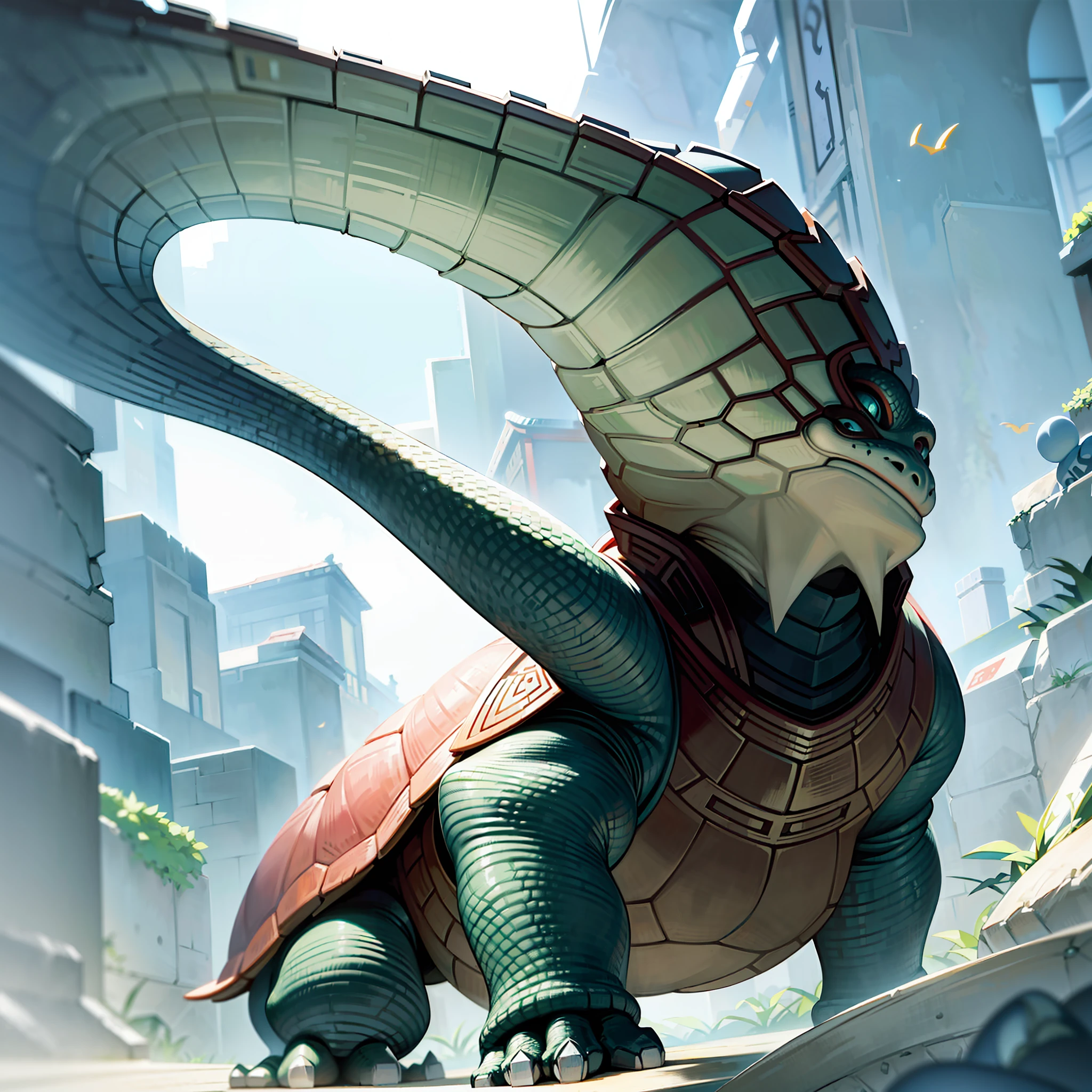 A color photo of the legendary Xuanwu divine turtle, one of the four great mythical beasts of the East. The turtle is depicted in all its majestic glory, with its powerful shell and formidable claws. The photo is taken with a high-quality camera, capturing every detail of the turtle's features with incredible clarity and precision. The level of detail is so high that you can see the intricate patterns on the turtle's shell, the texture of its skin, and the intensity of its gaze. The turtle is surrounded by an aura of strength and wisdom, exuding an air of ancient power and mystery. The final image size of the photo is 1024x1024, providing a square aspect ratio that perfectly captures the turtle's imposing presence.