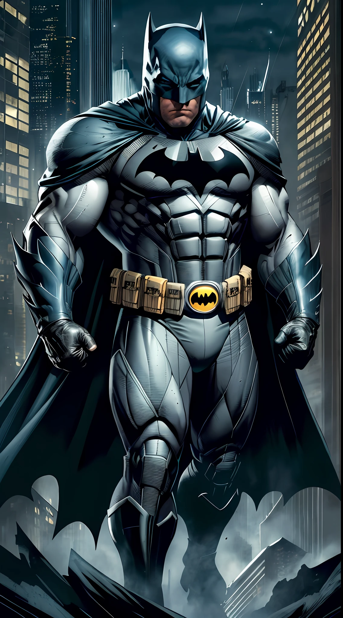 1 man, solo, Ben Affleck as Batman, tall, hunk, muscular, bulk, wide shoulder, photorealism, dark dirty grey suit, black gloves, best quality, masterpiece, high resolution:1.2, black cape, high detailed mask, high detailed suit, high detailed face, award winning, night time, dark sky, skycrapers in the background