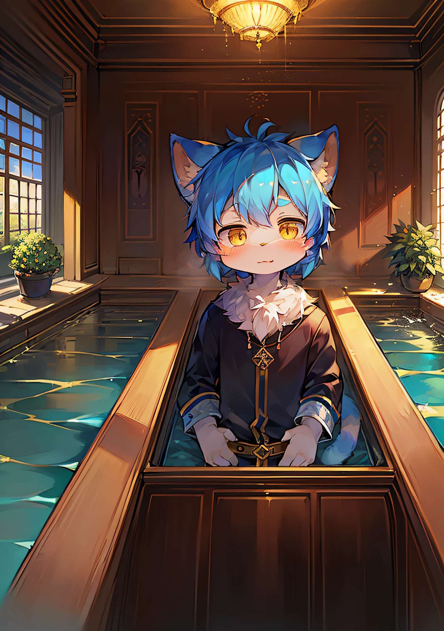 (Bright Environment: 0.8), Masterpiece, High Quality, Abstract Res, Digital Painting\(Artwork\), by Dagasi, Yupa, Kiyosan, (Anthro, Fluffy Fur, Character Focus: 1.1), Anthro Male Cat, Pigtail, Portrait, Bright eyes, panorama, character focus. (Background: 0.7), Solo, Furry, Furry Male, Male Focus, Anthr, (Full Body Fur, Fluffy Tail, Blue Fur, Golden Eyes, Blue Hair: 1.2), (Long Feline, Child, Magic Wand: 1.2), (Interior, Garden, Castle, Pool: 1.1)