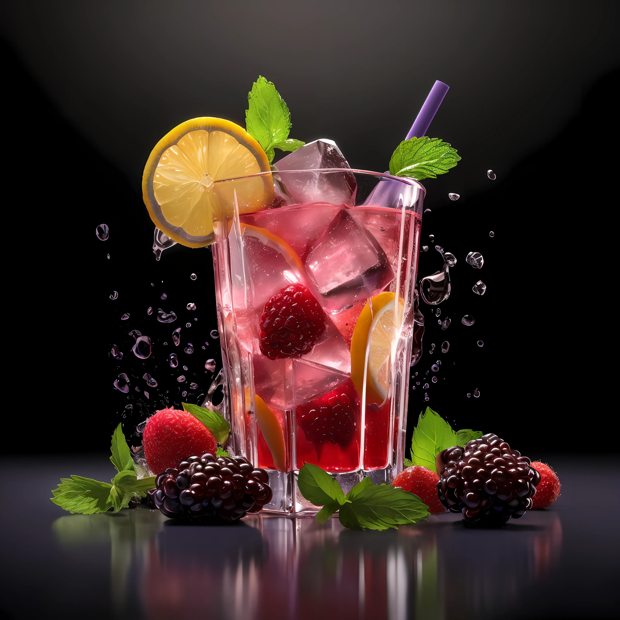 (Masterpiece: 1.5), (Best Quality: 1), (Ultra High Resolution: 1.2), (Realistic: 2), (8k, RAW Photo: 1.2), A glass of purple juice with grape pieces and a mint leaf, description, raspberry, stunning image, mint leaf, high iced tea cup, digital rendering, strawberry, lemon slice, ice, cool, delicious, delicious, ice cube, cool, masterpiece, best quality, super high resolution, realistic, 8k, RAW photo, blueberry, purple water, passion fruit, water mist,
