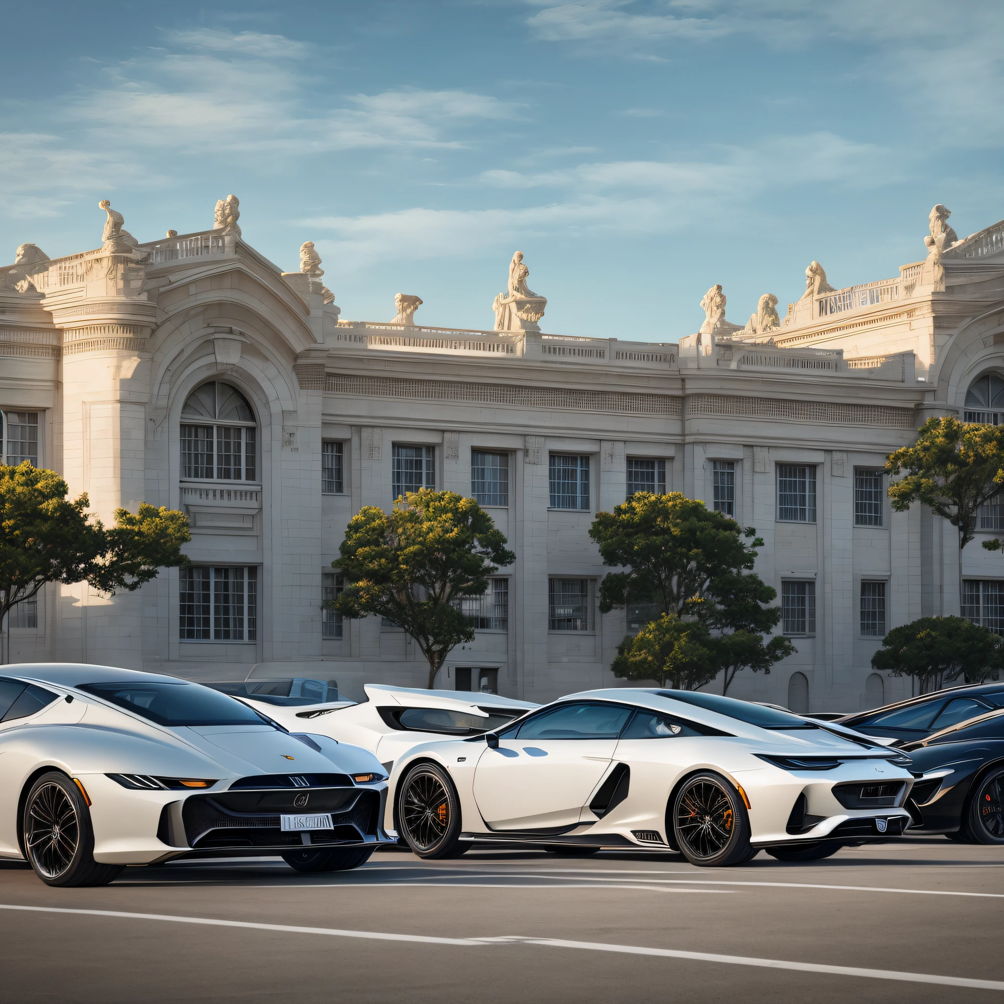 Several rows of luxury cars are parked at the back entrance of the guard school --auto --s2