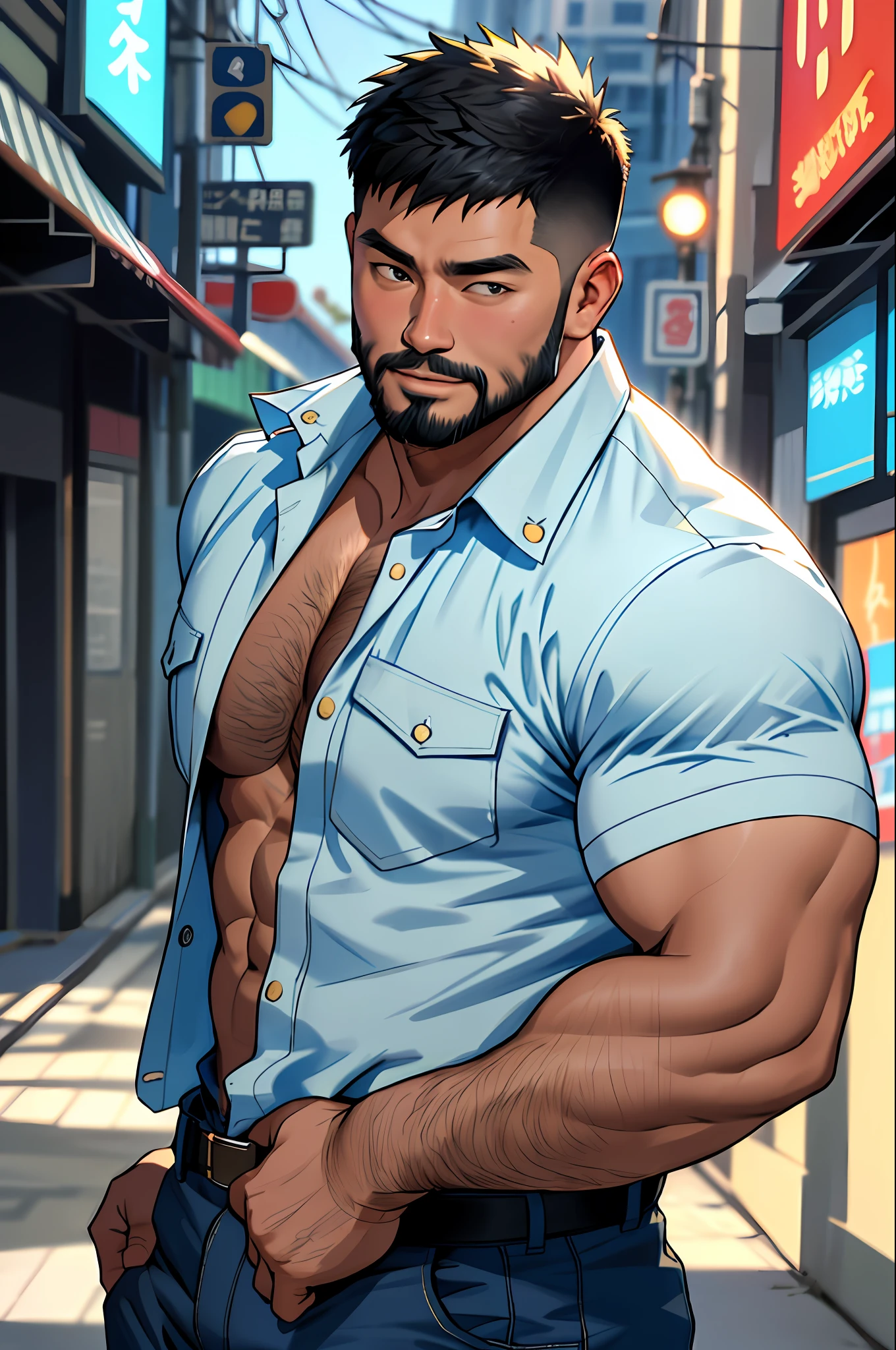 asian man, jarhead, best quality, masterpiece, super high resolution, detailed background, realistic, illustration, lens, solo, 1boy, muscle man, beard, police uniform, open shirt,, ragged pants, street, muscle, facial hair, volumetric lighting, depth of field