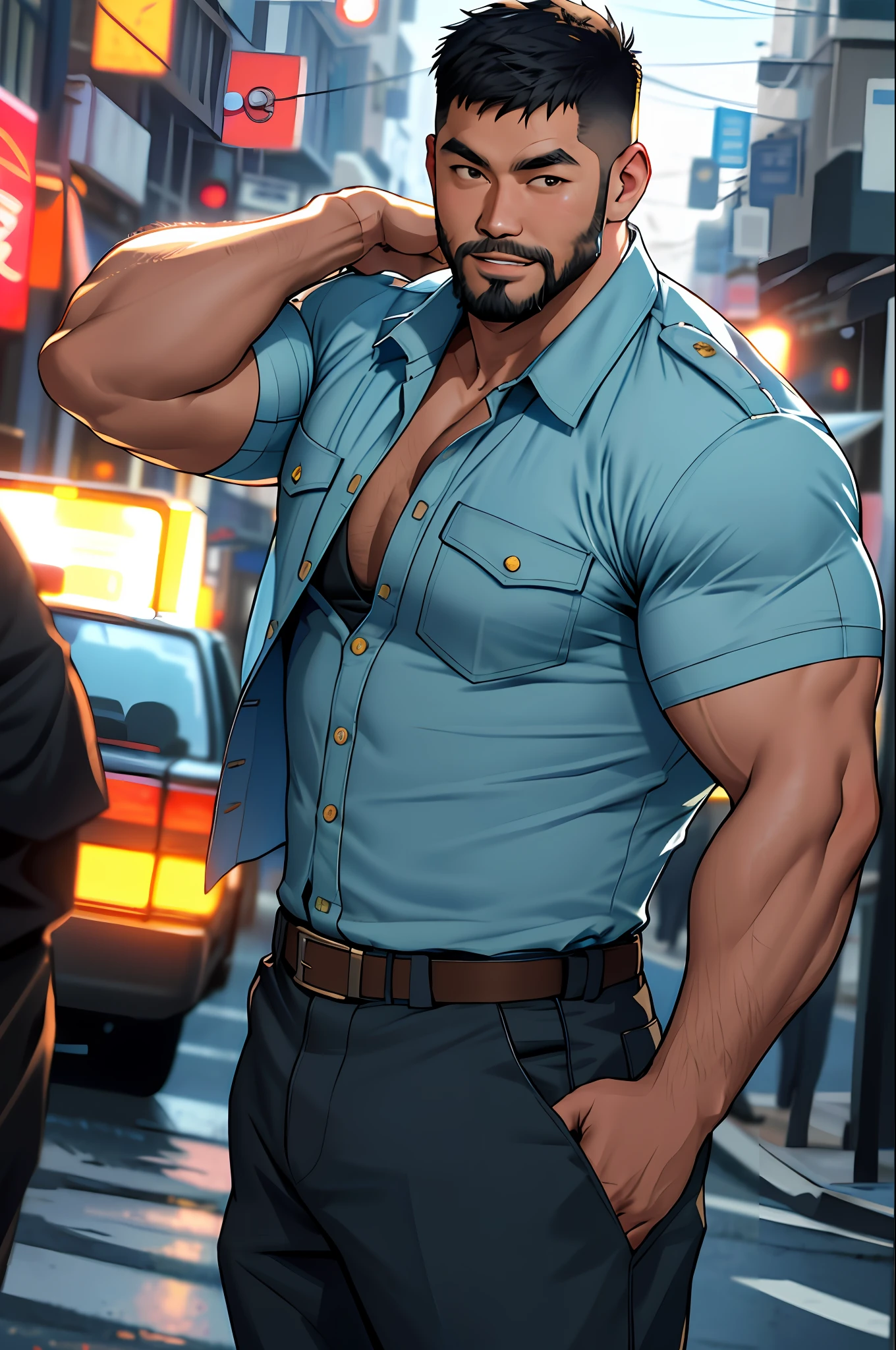asian man, jarhead, best quality, masterpiece, super high resolution, detailed background, realistic, illustration, lens, solo, 1boy, muscle man, beard, police uniform, open shirt,, ragged pants, street, muscle, facial hair, volumetric lighting, depth of field