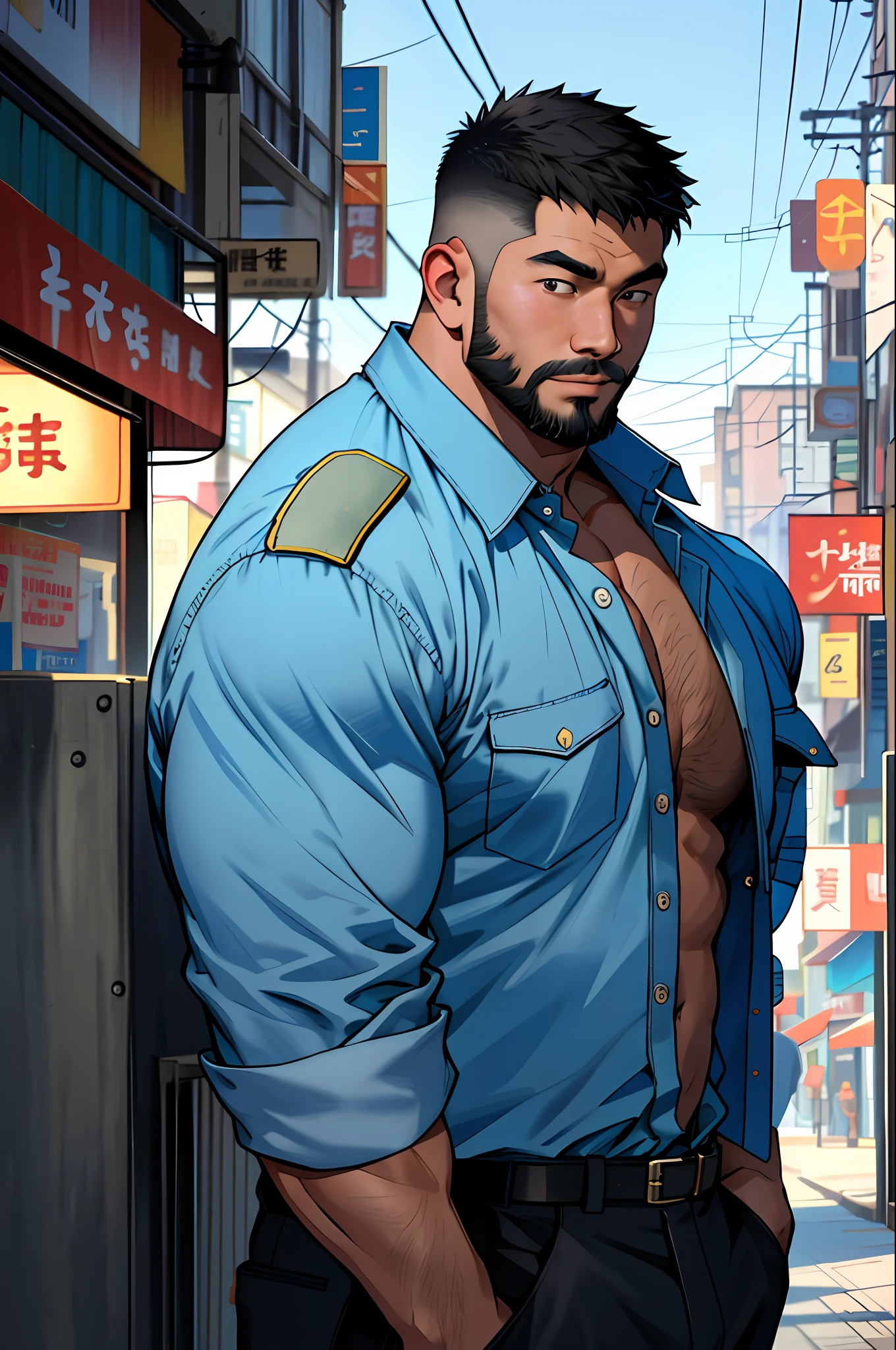 asian man, jarhead, best quality, masterpiece, super high resolution, detailed background, realistic, illustration, lens, solo, 1boy, muscle man, beard, police uniform, open shirt,, ragged pants, street, muscle, facial hair, volumetric lighting, depth of field