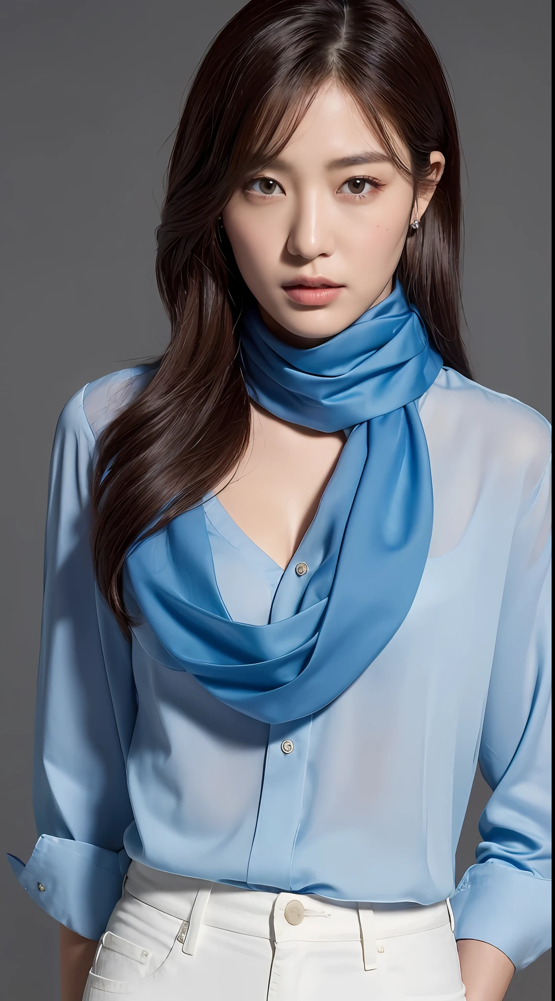 ((Best quality, 8k, Masterpiece :1.3)), Sharp focus :1.2, A pretty woman with perfect figure :1.4, Slender abs :1.2, ((Dark brown hair,breasts :1.2)), (blacki long formal shirt)(buttoning up his shirt.), grey background:1.2, Highly detailed face and skin texture, Detailed eyes, Double eyelid,fashion model posing,cowboy shot,white pants,,(wears a blue scarf around his neck.)