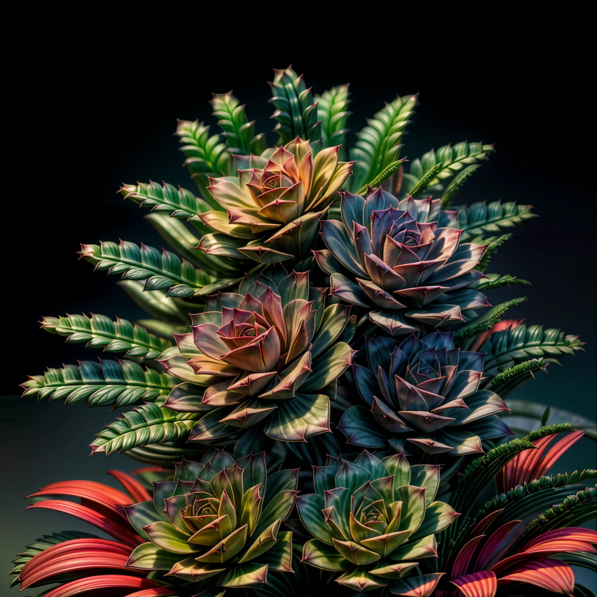 (Photorealistic, 3D, octane rendered, 8k, 4k, high quality, high resolution, high definition, realistic, best quality, volumetric lighting, cinematic lighting, natural colour scheme, contrast, coloured, very detailed:1.2), (succulent plant echeveria:1.4), with very detailed coloured leafs, in a festive pot, many magical effects, shelf with plants on the background, photoshoot, photoreal, dramatic effect lighting, fantasy00d