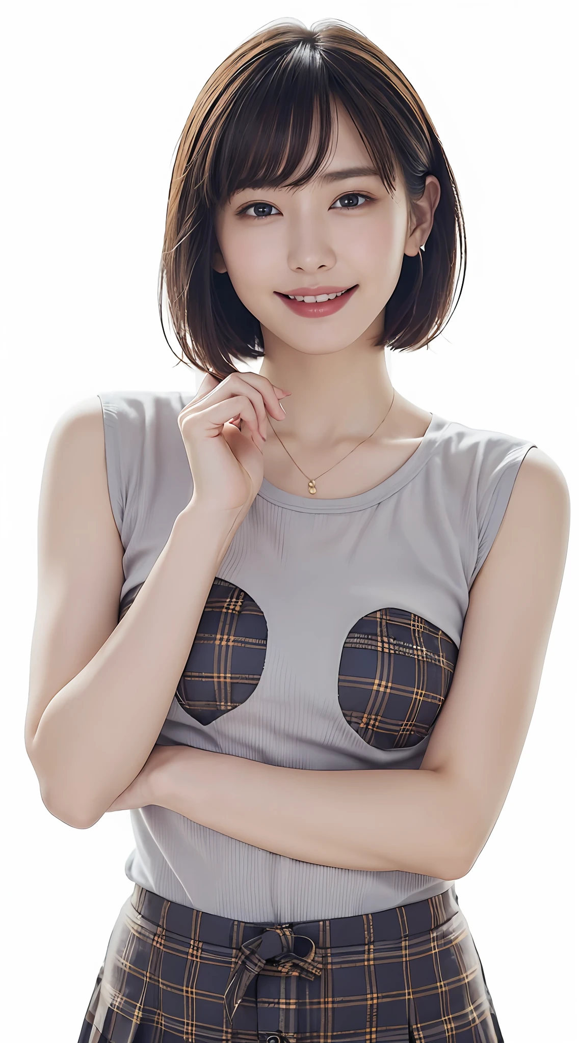 (Best Quality, 8k, Masterpiece: 1.3), Pretty Woman with Perfect Figure: 1.4, Dark Brown Hair, Wearing Pendant, Torn Shorts, Highly Detailed Face and Skin, Detailed Eyes, Double Eyelids, Best Quality, Masterpiece, (Photorealistic: 1.4), One Woman, Golden Ratio, Upper Eyes, Perfect Face, Beautiful Figure, Pretty Face, Zoom in on Face, Short Bob, Short Hair, Smile from different angles, smile, gloss, highlight, gloss, glossy on skin, bangs, cute smile, teeth, bust, refreshing charm, elegant, perfect hands, smile, shiny, glossy skin, bangs, refreshing charm, ears, gaze to the camera, poses at different angles, masterpiece, top quality, (fidelity, fidelity: 1.37), 8k, very sophisticated and beautiful, stunning, fine detailsRidiculous, huge file size, very detailed, beautiful detailed woman, very detailed eyes and face, beautiful detailed eyes, clear double, big eyes, light on face, one woman, gray hair, (perfect female figure), thin waist, (charming monkey: 1), full body, uniform, plaid skirt, collared shirt, bangs, short bob hair, skin luster, female expression, Smiling, overwhelming charm, ears, no lights, white background, light background, gloss on skin, gloss on face, gloss on chest, 2 arms, 5 fingers, very fine arms, very fine hands