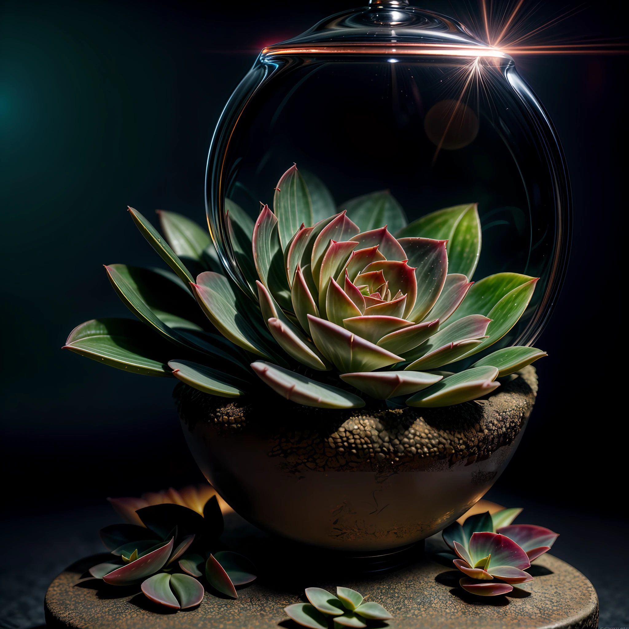 (Photorealistic, 3D, octane rendered, 8k, 4k, high quality, high resolution, high definition, realistic, best quality, volumetric lighting, cinematic lighting, natural colour scheme, contrast, coloured, very detailed:1.2), (succulent plant echeveria:1.3), with very detailed coloured leafs, in a festive pot, many magical effects, shelf with plants on the background, photoshoot, photoreal, dramatic effect lighting, fantasy00d, (no humans:1.4)