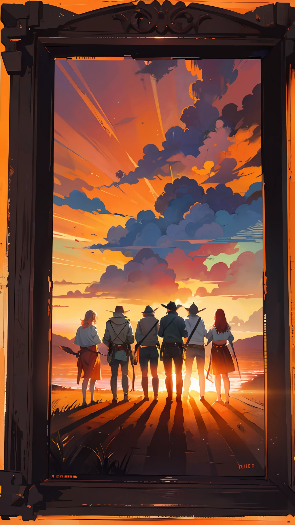 Wild West, five people on their backs looking at the horizon, Red Dead Remdeption, orange sky --auto --s2