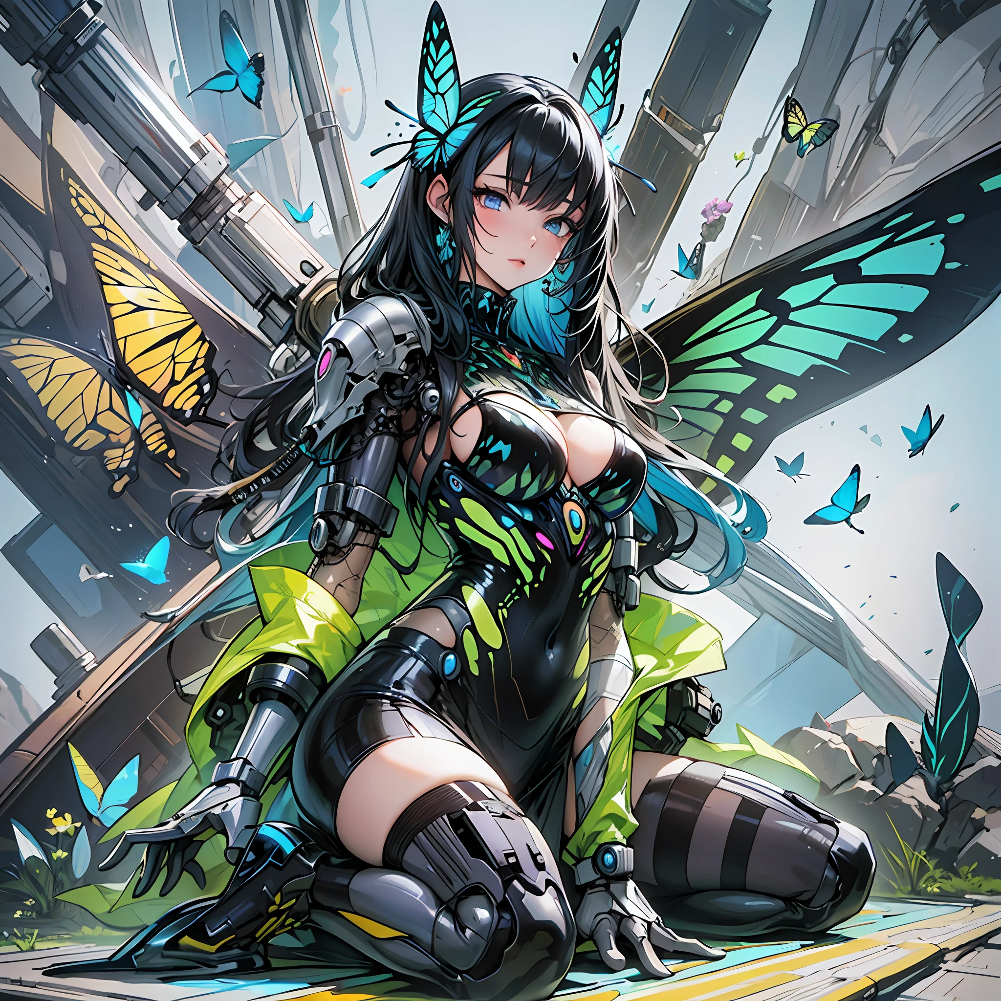 Woman in swallowtail butterfly color costume, best anime 4K wallpaper, full body, cyberpunk butterfly, mechanized valkyrie girl, biomechanical, highly detailed artgerm based on butterfly, cyborg butterfly, anime style 4k, butterfly