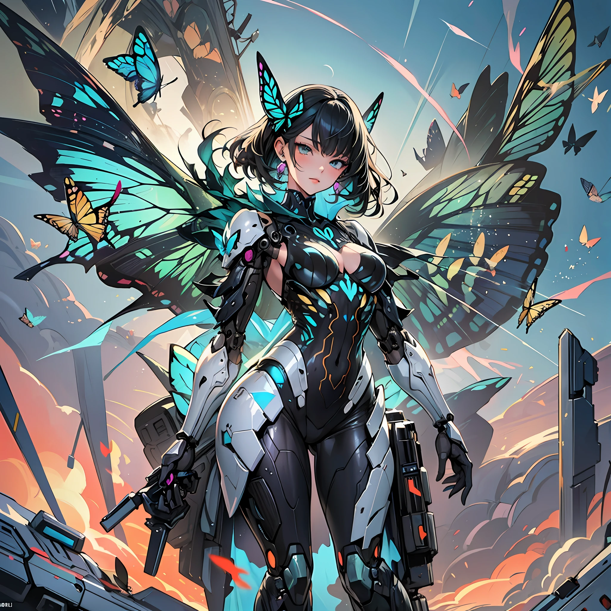 Woman in swallowtail butterfly color costume, best anime 4K wallpaper, full body, cyberpunk butterfly, mechanized valkyrie girl, biomechanical, highly detailed artgerm based on butterfly, cyborg butterfly, anime style 4k, butterfly