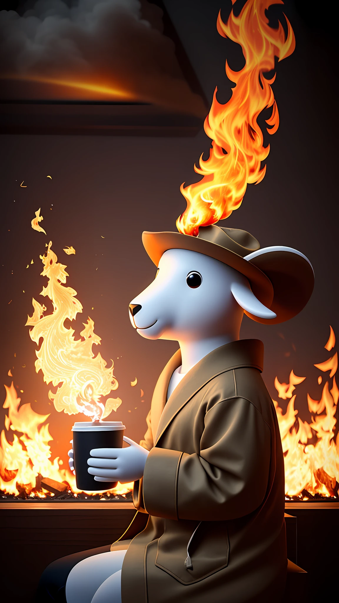 (Best quality: 1.23), (Masterpiece: 1.12), (Realistic: 1.24), (Anthropomorphic sheep: 1.5) holding a coffee cup, sitting, wearing a robe, eating breakfast, holding a coffee cup, hat, particles, volumetric light, the room burned, the floor and chairs caught fire, many gadgets and equipment caught fire, smoke, (surrounding flames: 1.2),