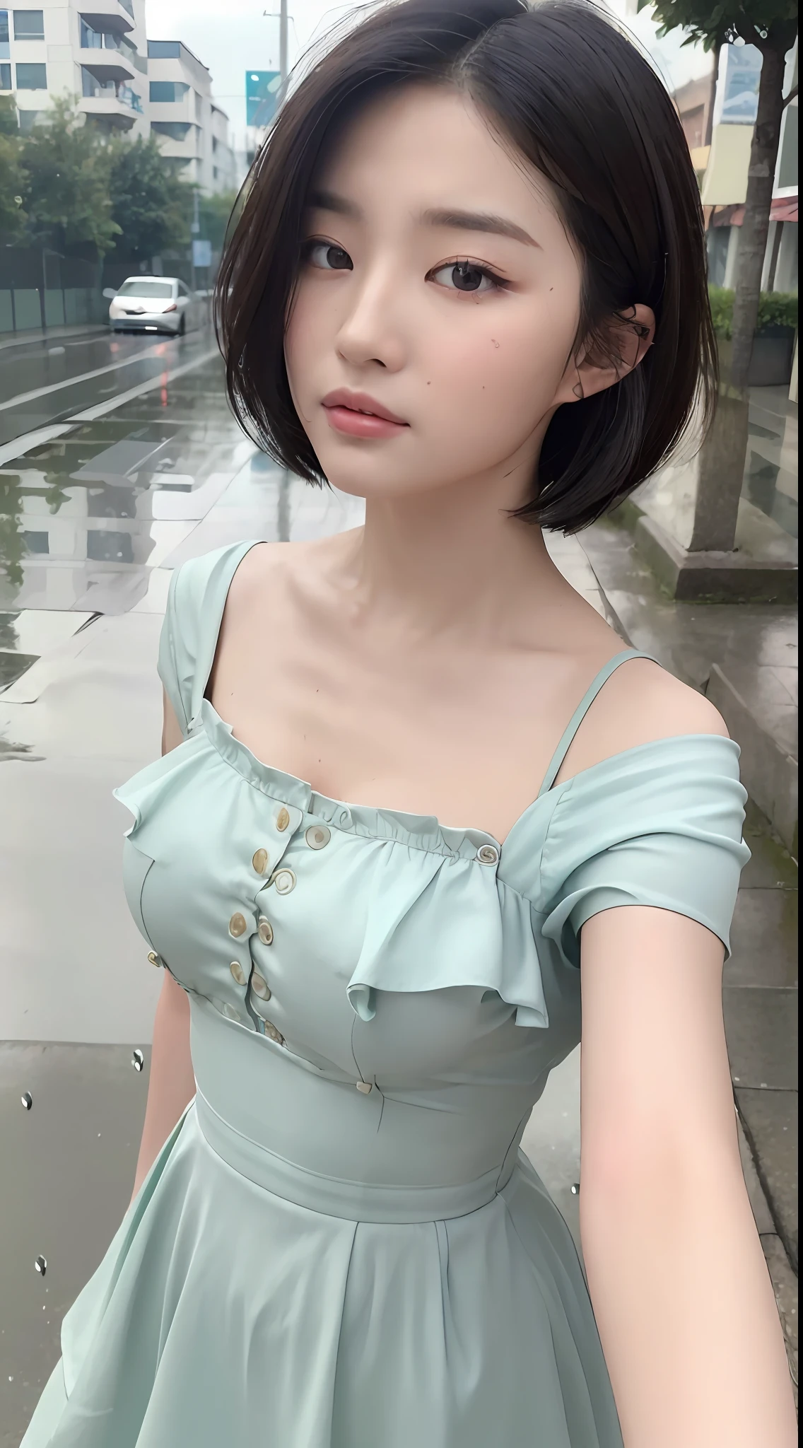 ((Best Quality, 8k, Masterpiece:1.3)), Focus:1.2, Perfect Body Beauty:1.4, Buttocks:1.2, (Normal Bust:1.2)), (Rain, Street:1.3), Bandeau Dress:1.1, Highly detailed face and skin texture, Fine eyes, Double eyelids, whitening skin, short hair, (Shut up: 1.3),