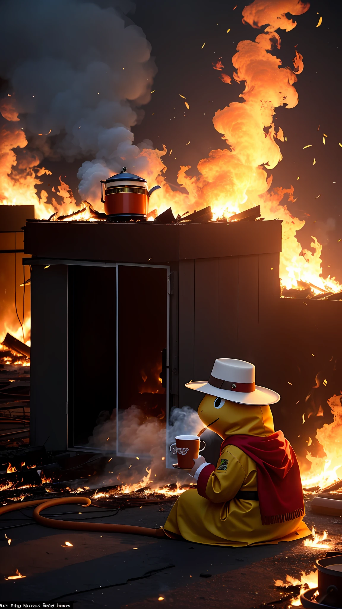 (Best quality: 1.23), (Masterpiece: 1.12), (Realistic: 1.24), (Anthropomorphic snake: 1.5) holding a coffee cup, sitting, wearing a robe, eating breakfast, holding a coffee cup, hat, particles, volumetric light, the room burned down, the floor and chairs caught fire, many gadgets and equipment caught fire, smoke, (surrounding flames: 1.2),